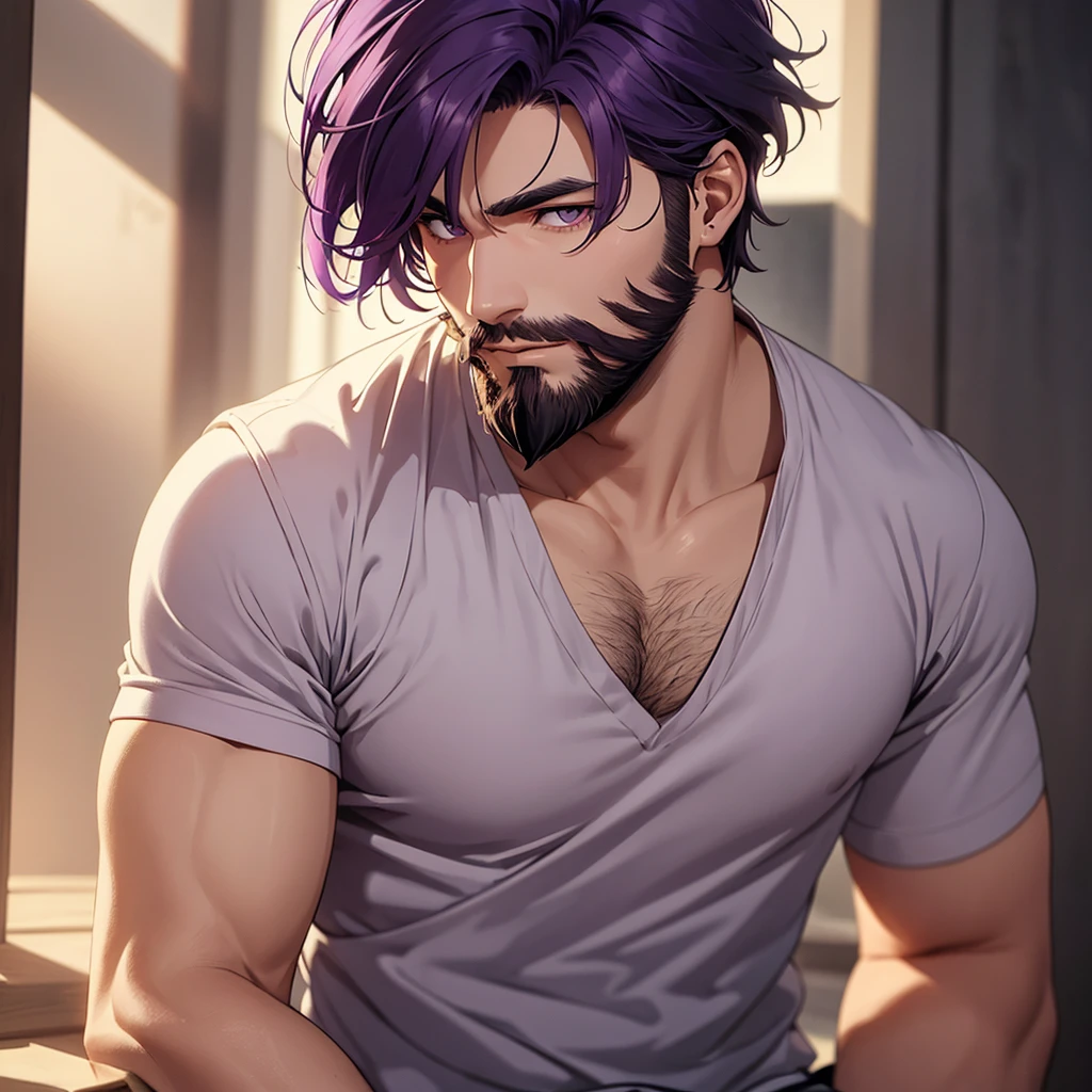 an alone mature man with short beard 23 years old with medium purple hair, orange eyes