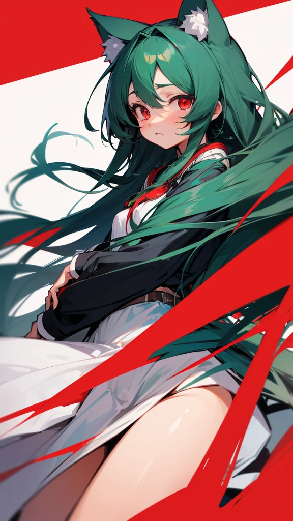 woman, red eyes, long curry wauy half black and green hair. wear gakuran, arrogant, independent woman. background in school. kind smile.