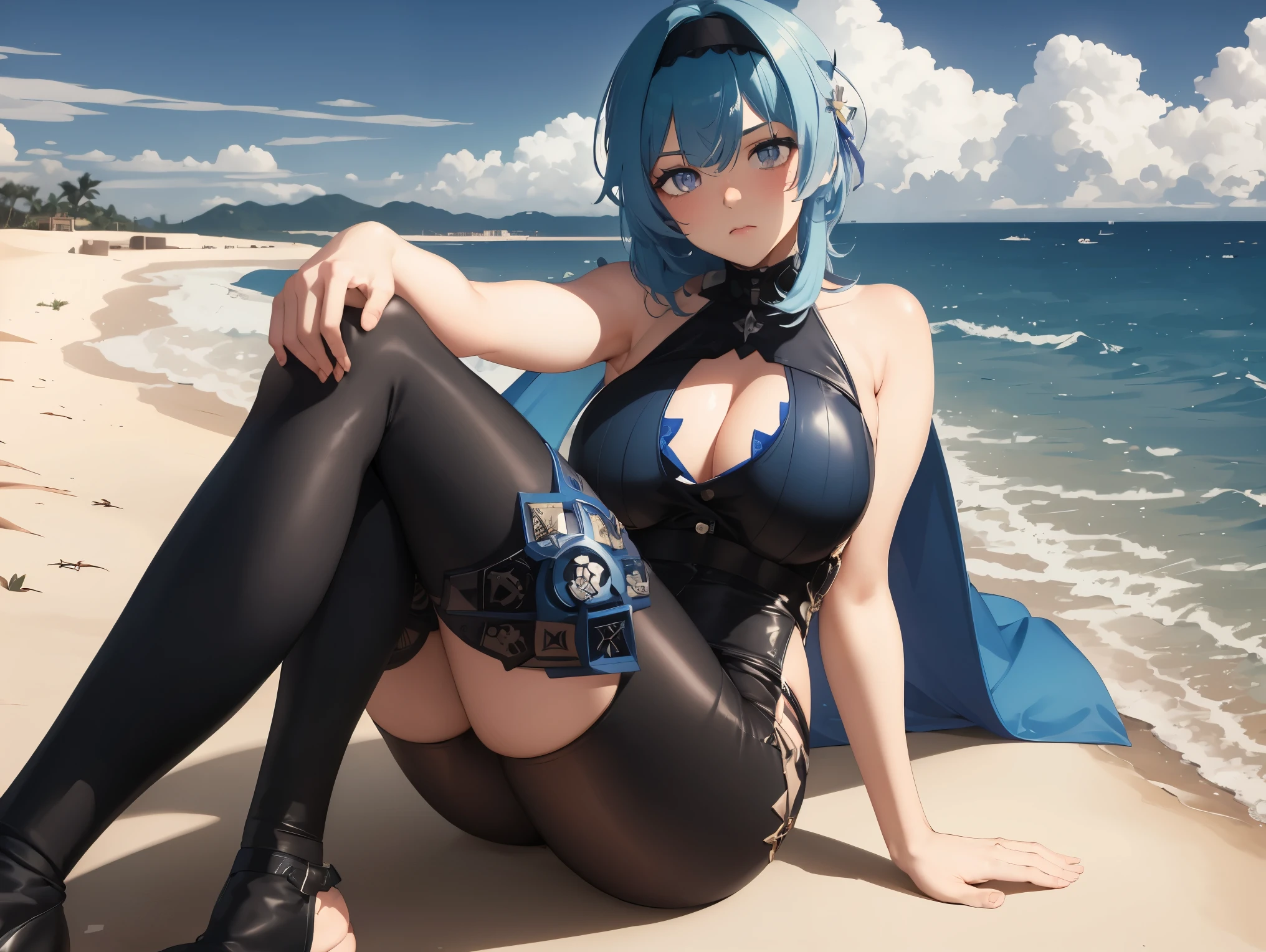 yellow eyes, ((pouder blue hair:1.5)),
BREAK (dressed in a black and green mecha:1.2),
BREAK sitting, knee up, blush, frown, looking at you, beach towel, parasol, blue sky, beach,
BREAK (masterpiece:1.2), best quality, high resolution, unity 8k wallpaper,NSFW ,(illustration:0.8), (beautiful detailed eyes:1.6), extremely detailed face, perfect lighting, extremely detailed CG, (perfect hands, perfect anatomy),