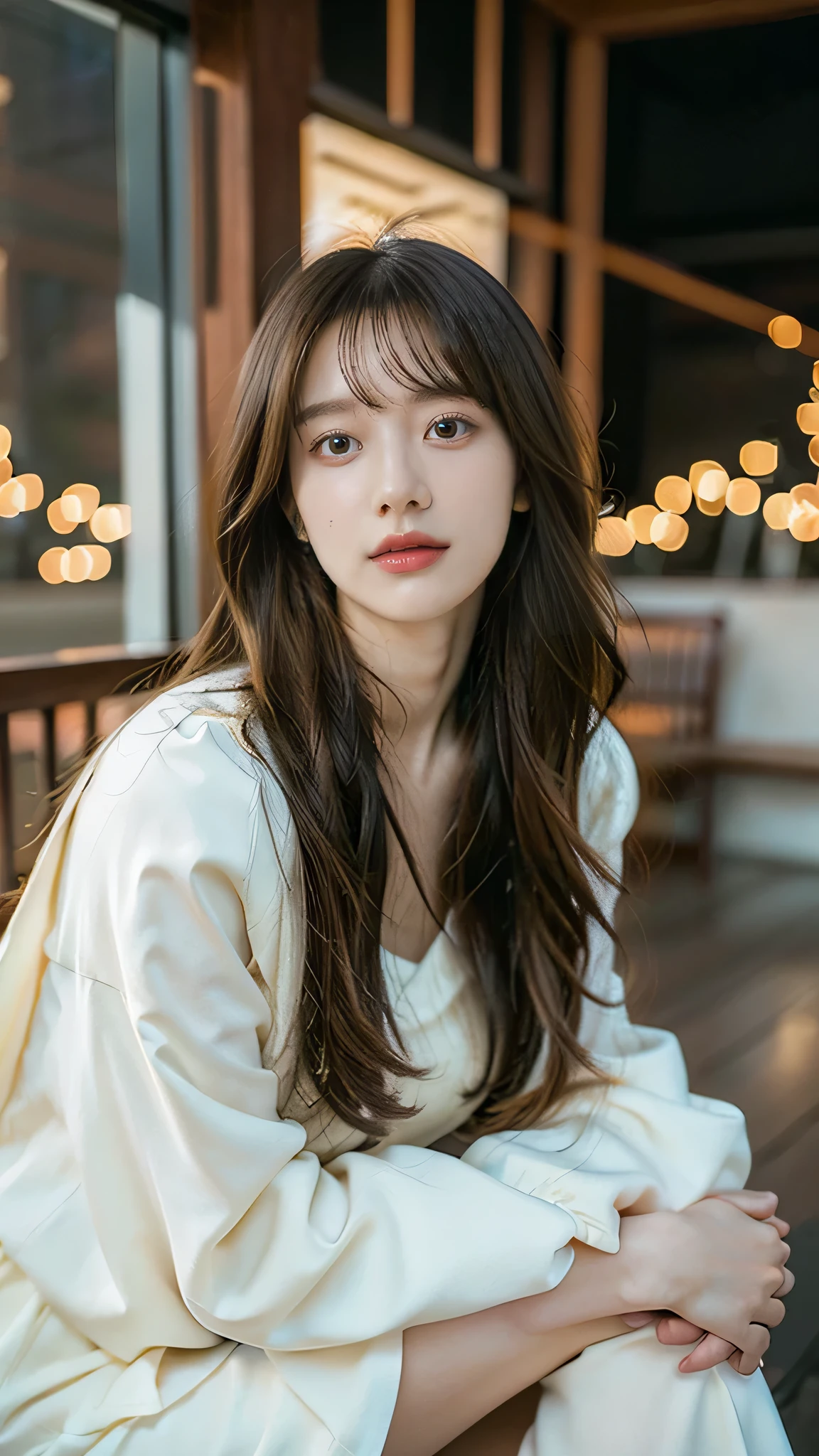 (8K、Raw photo、Highest quality、masterpiece:1.2)、(Realistic、Realistic:1.37)、Ultra-high resolution、One Girl、cute、alone, Browsing Caution,Highest quality,masterpiece,8K,Droopy eyes,Big Breasts,Beautiful breasts, Wearing a white dress, Inside the room, smile, Highly detailed face, Highly detailed lips, double eyelid, Exquisite detail and subtle sparkle, Photograph her in poses that reflect both grace and confidence, Enhance visual effects with cinema lighting. Use modern 2D designs for your backgrounds, Create beautifully, Balanced composition. Enhance the scene with elements such as depth of field, bloom effect, And a touch of sparkle, Adds a dreamy texture to the entire image. Pay close attention to detail