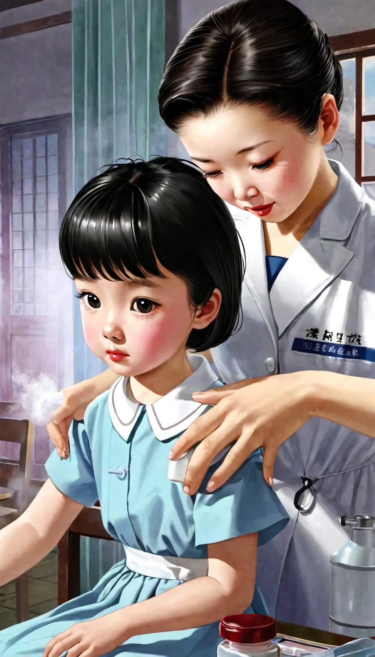 Scene 3:Asian flu (1957-1958)
Style: Photorealistic activities: Vaccination season and time: Spring Daytime Location: Clinic Events: Flu vaccination atmosphere: Hope and security: Children receiving vaccinations、Doctor and nurse sensual depiction: Pain from injections、The smell of disinfectant、The warmth of a parent's hands: visual elements: Vaccination poster、People queuing々、Clean clinic