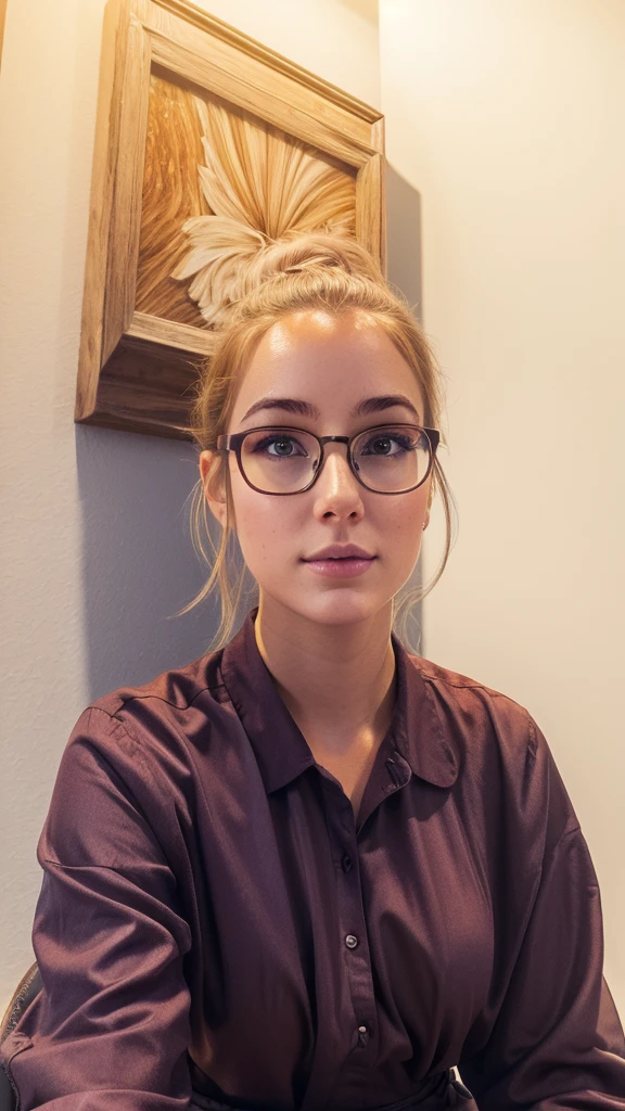 a beautiful 19 year old busty american woman,long light brown hair flowing on shoulders,glasses,pale white skin,tight shirt,waist-up selfie,detailed face,intricate facial features,macro detail,detailed eyes,detailed lips,beautiful detailed skin,high quality,photorealistic,8k,ultra-detailed,realistic,vivid colors,natural lighting,warm color tones,portrait