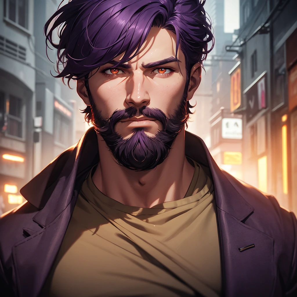 a mature man with short beard, 23 years old, medium purple hair, orange eyes, solo portrait, detailed facial features, highly realistic, cinematic lighting, moody atmosphere, dramatic chiaroscuro, digital painting, hyperrealistic, unreal engine, 8k, photorealistic