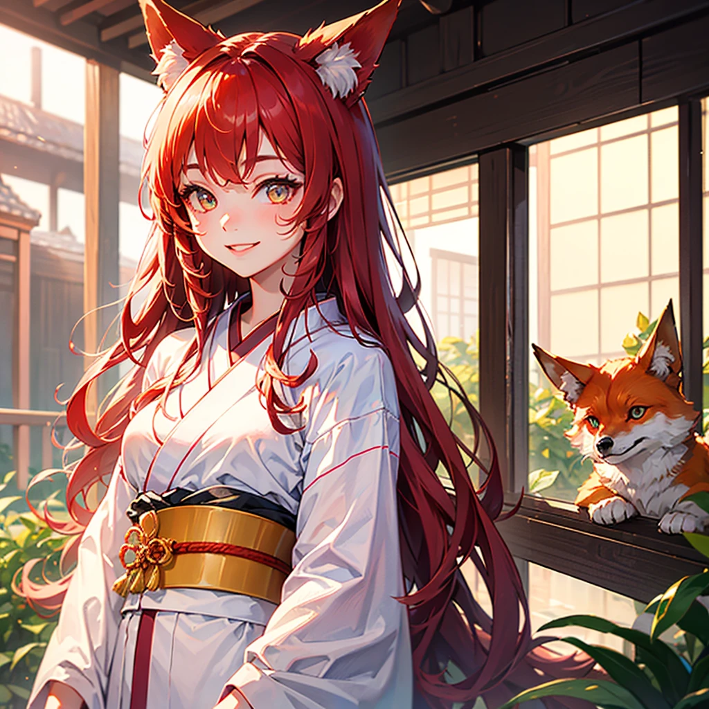 1girl, long red hair, amber eyes, slender body, red kimono, smiling, fox ears, upper body, Japanese house on background