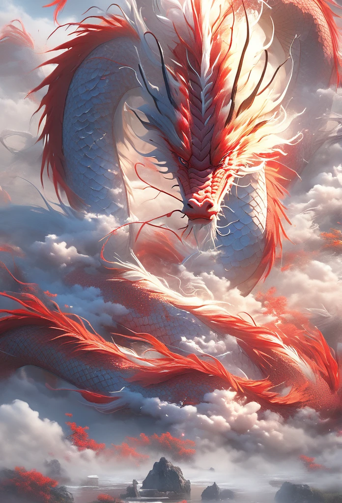 Highest quality, Realistic, On the poster of a Chinese TV drama, there is a red Chinese dragon, Solo,very tame, calm mood, vibrant Chinese dragon style, oshare kei, uhd image, maggismo, photobashing, red, safflower elements, smoke covered in dreamlike and delicate details, 8k