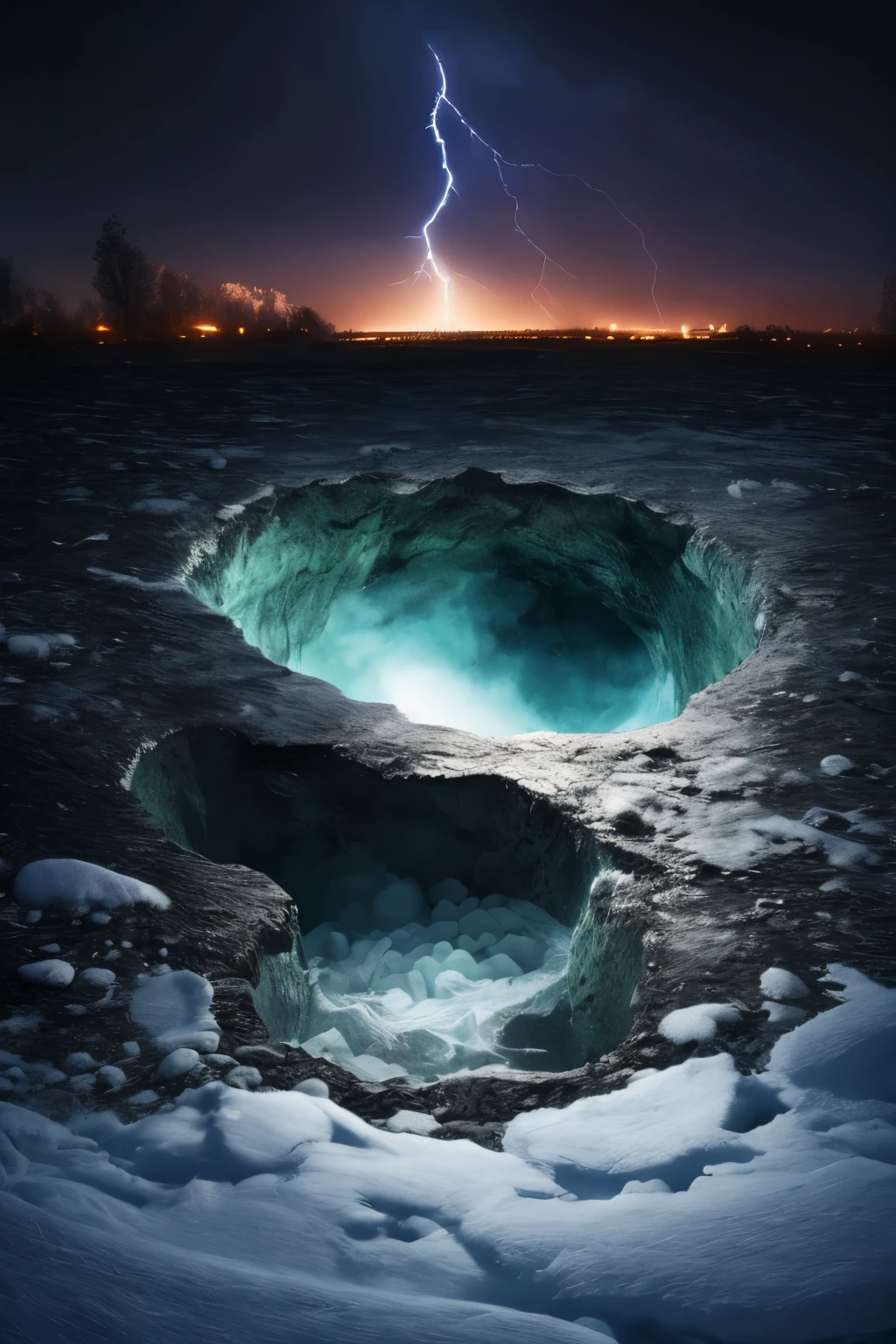 ((best quality)), ((masterpiece)), (detailed), An illustration of a giant hole in the snow at night with toxic gas coming out of it, with a dark and lightning atmosphere and monsters in the background