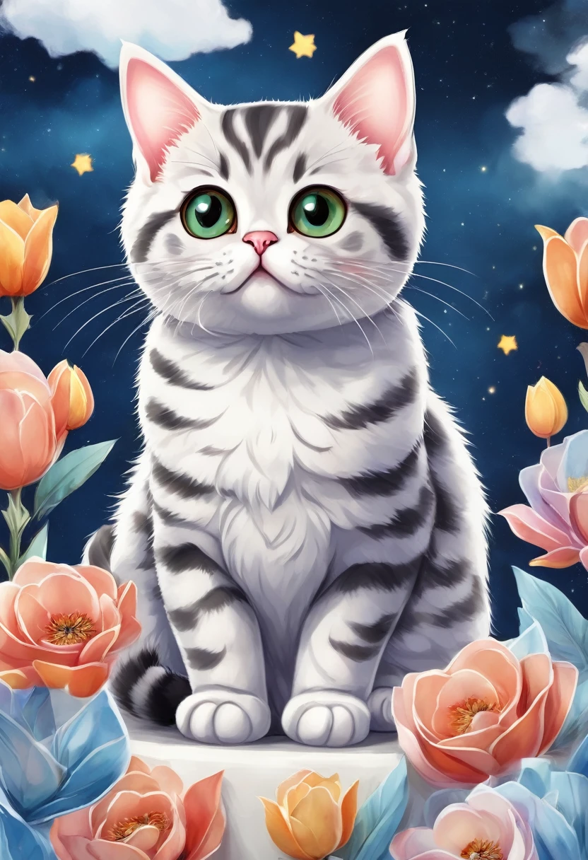 a cat of the American Shorthair breed, 3D watercolor style painting, American Shorthair cat, full picture, High contrast high resolution (photorrealistic:1.5), White background, sticker style, (raw photos, 8k hd,