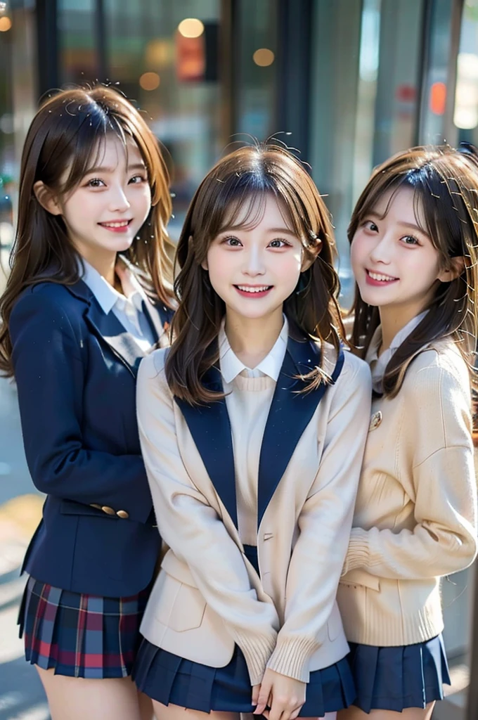 Three Beauties,3 girls, mini skirt,winter blazer uniform, smile, big laugh