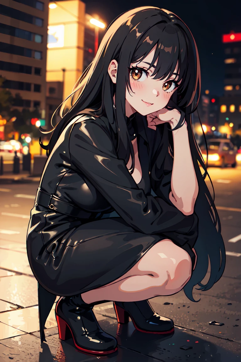masterpiece, best quality, highly detailed background, perfect lighting, best quality, (extremely detailed face), volumetric lighting, intricate details, shadow, tonemapping, sharp focus, hyper detailed, trending on Artstation, (solo) ((Looking at the viewer)), ((city night background)) .Girl with long black hair. Brown eyes. curvy. Blush, Clear skin. Big bust. Smile. ((leather dress)) ((squatting)) dynamic angle