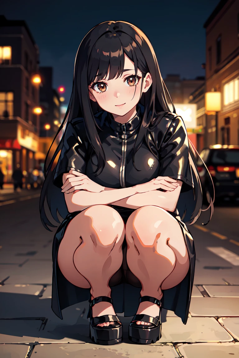 masterpiece, best quality, highly detailed background, perfect lighting, best quality, (extremely detailed face), volumetric lighting, intricate details, shadow, tonemapping, sharp focus, hyper detailed, trending on Artstation, (solo) ((Looking at the viewer)), ((city night background)) .Girl with long black  hair. Brown eyes. curvy. Blush, Clear skin.  Big bust. Smile. ((leather dress)) ((squatting)) dynamic angle 