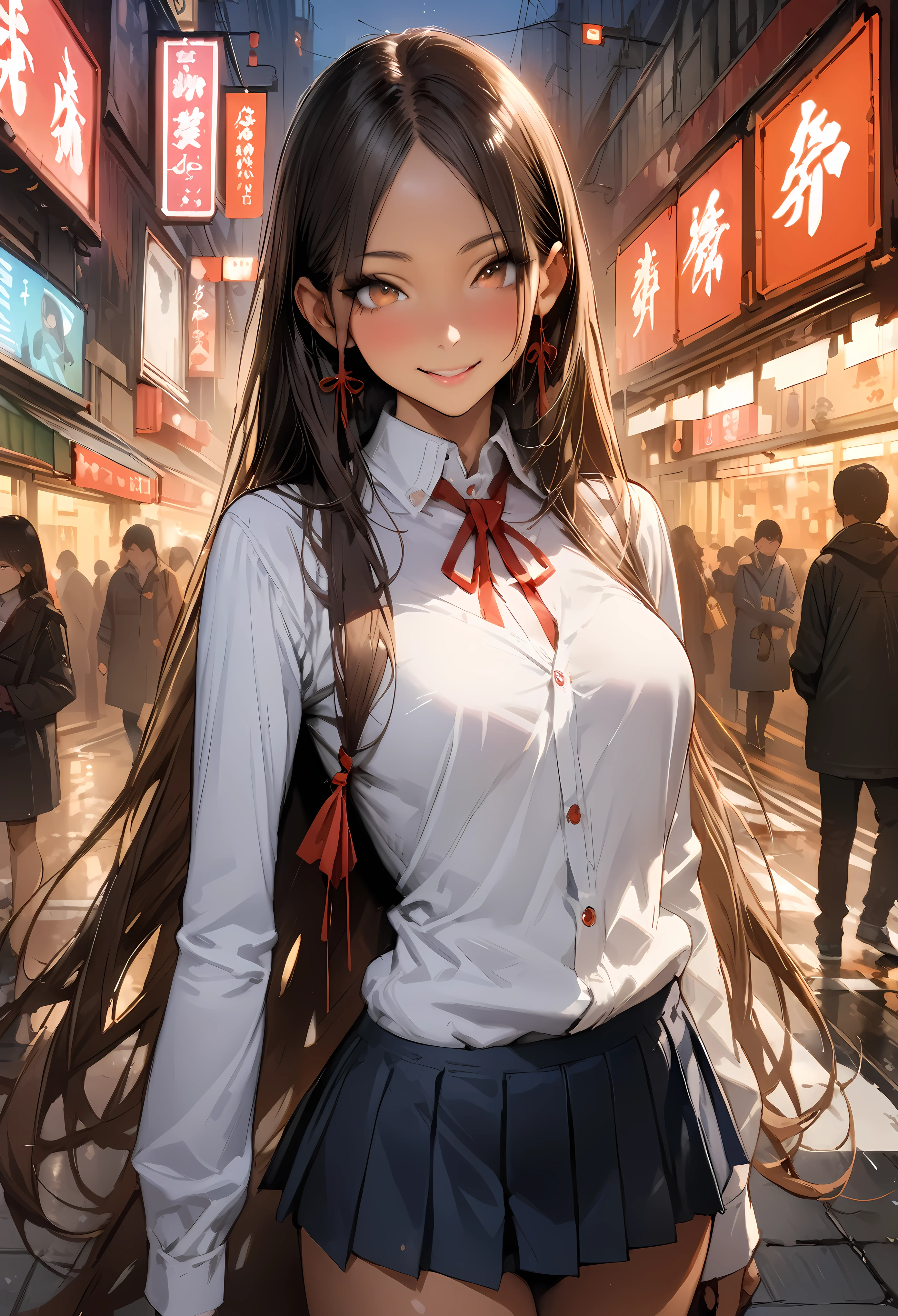 ((masterpiece,Highest quality:1.3,best quality illustration,realistic:1.4)),cowboy shot,solo,1woman,(20-year-old、Japanese Beauty)、brown hair,long hair,(center parted bangs),brown eyes,gorgeous eyes,((very small head:1.3)),smile,,((very long body:1.2,skinny)),medium breasts,(tan skin:1.3),(Red ribbon tie、White collared shirt、Long sleeve navy blue pleated mini skirt),gleaming skin,toned body,slender body,on street,Shibuya Station、