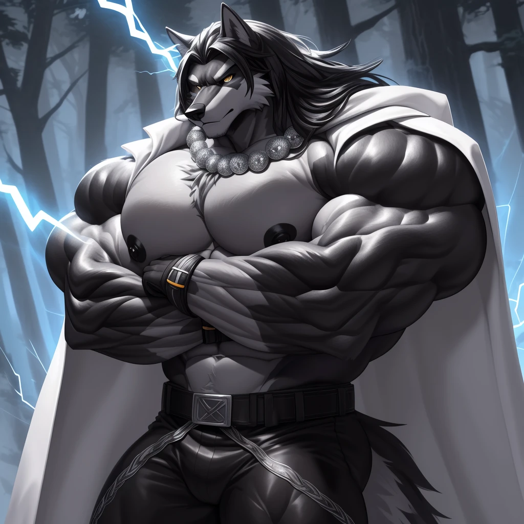 (upload on e621) (Masterpiece) (by Drks) (best quality) (ultra high res) 4K (8k HD) 2D (perfect anatomy) (digital art) (official art) (extreme detailed) (ultra detailed) (strapsanime) color (soft shading) (sharp focus) (forest woods background) 1man black body fur silver belly detailed fluffy fur (ultra detailed face) detailed eyes detailed iris eyes detailed golden yellow eyes (white sclera) black pupils big navel abs bare pectoral (((silver tuft on his chest))) (((huge black shiny nipples))) black claw nails furry wolf male mature male dark black giant bulky muscular body fur giant size canid (((huge muscles))) (((hyper muscles:1.3))) huge pecs (((oversize pecs:1.3))) huge biceps (((giant biceps:1.3))) (((fullbody))) canine canis mammal powerful wolf god wolf male fierce face badass wolf anthro solo standing (((wearing black full complete sleeveless long trench coat:1.3))) (((dark black longest flowing length hair:1.3))) (((dark black longest flowing length back fur hair:1.3))) (((dark black longest length hair fur front lay on pecs:1.3))) (((best longest dark black flowing hair:1.3))) (((perfect fingers))) (((five fingers))) dark black hands and fingers (((wearing black and silver fingerless gloves))) (((black arm bands on his biceps))) (((three black arm bands on his forearms))) (((black huge bead necklaces:1.3))) (((black huge longer bead necklaces around neck to pecs:1.3))) (((dark black and silver underside long wolf tail))) (((black long pants with silver lines with belt straps on both legs))) (((silver electricity and wind aura flow entire body))) (((crossed arm pose)))