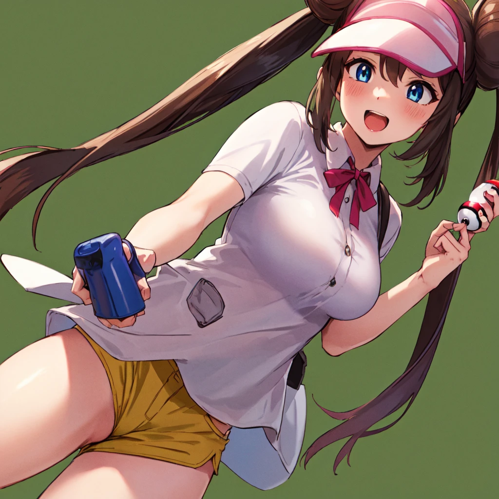 Masseter muscle part, highest quality, Super high resolution, highest quality, anime style, best lighting, beautiful face, masterpiece, high resolution, RO1, bun hair, blue eyes, twin tails, visor cap,underwear, Yellow shorts, shirt, pink ribbon, watch, Are standing, cowboy shot, Depth of bounds written, pokeball \(basic\), laughter, (grass background:1.5), pleasant sunny sky, 1 girl、big breasts masturbate dildo