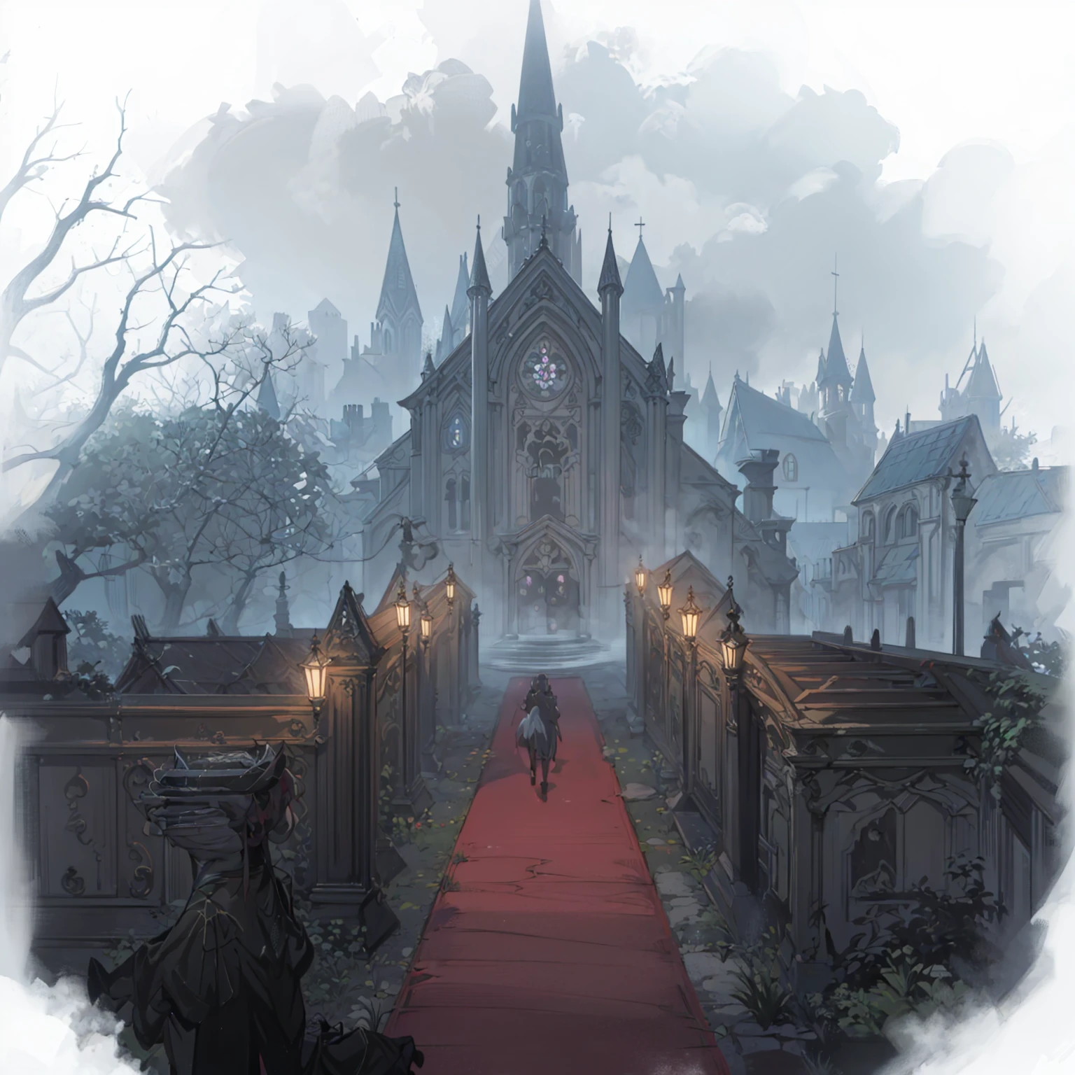 There is a church，Rolling out the red carpet，Two rows of street lights,Fifth personality style，Anime style， Weird nostalgic concept art, Draw as game concept art, Graveyard Background, background technologywork, background technology, Misty Manor, Dark Manor Scene, Gothic church background, Disturbing background, haunted background, Landscape Game Concept Art, Weird art style, Shady church, GLOOMY AMBIANCE, Cathedral Background
