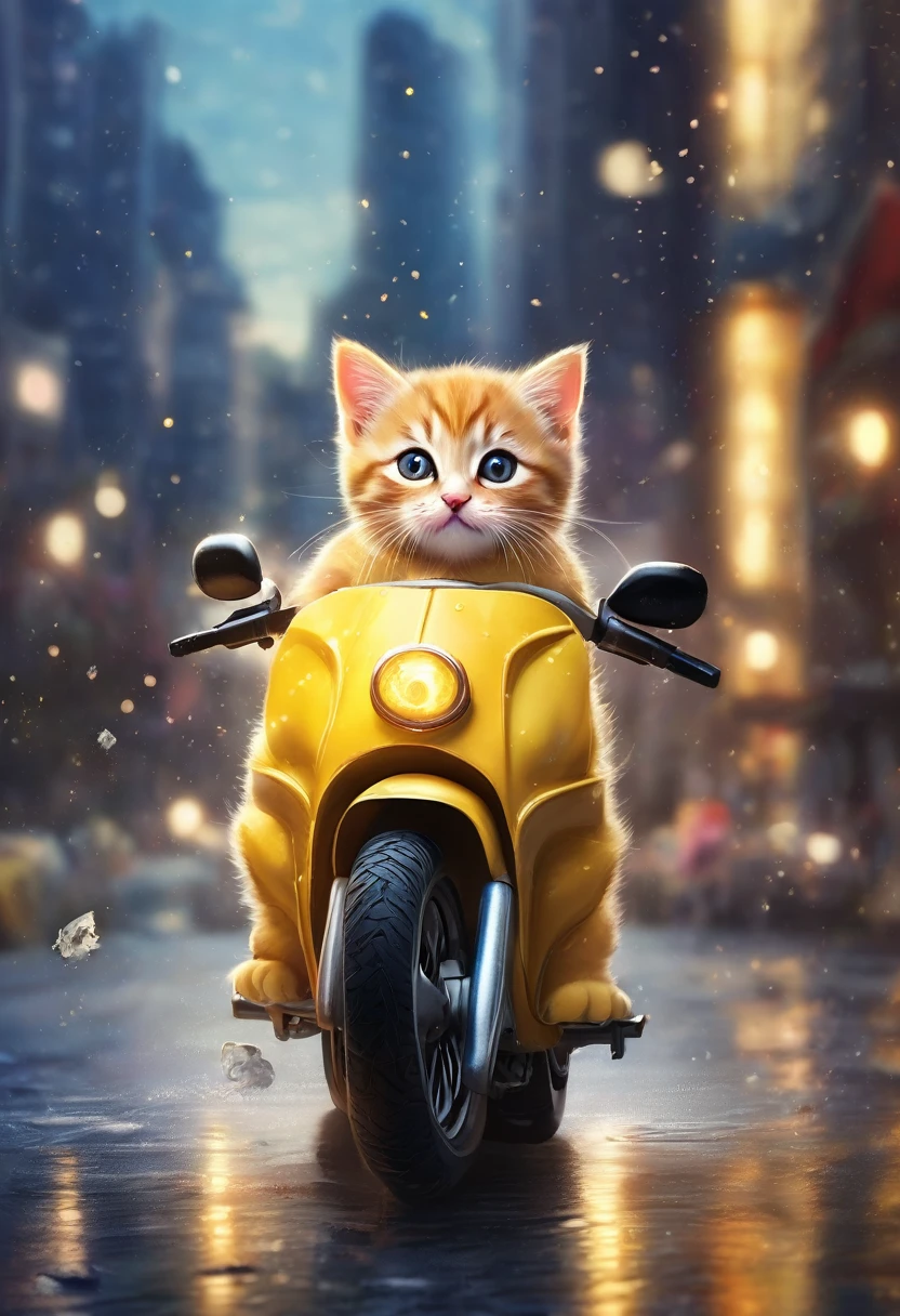Hyper-realistic digital illustration featuring a kitten with large, expressive eyes, wearing a yellow raincoat and helmet, riding a tiny yellow motorcycle, set against a blurred nighttime city street with warm bokeh lights, creating a whimsical and detailed scene with textures of the wet pavement and scattered debris, highlighting the contrast between the sharp focus on the adorable feline and the out-of-focus urban background, adding a layer of surreal charm and imaginative detail to the picture.