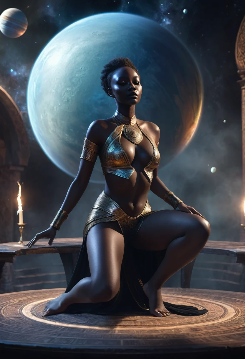 In the magicain wold, surrounding planets, Headless Magician, Female, black skin, Not wearing a shirt, from side, sit and ready to fight, missing head[Magician's head],ultra realistic, 8k,