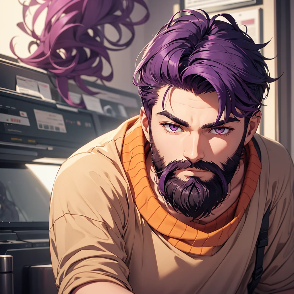 an alone man with short beard 23 years old with medium purple hair, orange eyes