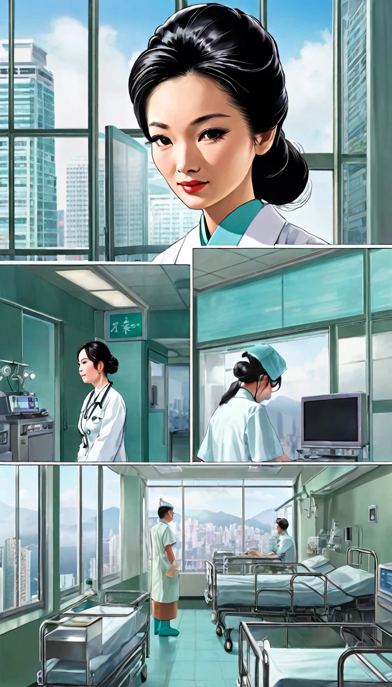 Scene 4:Hong Kong wind (1968-1969)
Style: Photorealistic activities: patientの治療
季節と時間帯: Summer Afternoon Tournament: Modern Hospital Event: Flu treatment atmosphere: Cleanliness and desirable people: patient、Doctor and nurse sensual depiction: Medical equipment sounds、The smell of medicine、Cold Sheets Visual Element: Modern medical equipment、Clean hospital room、City views