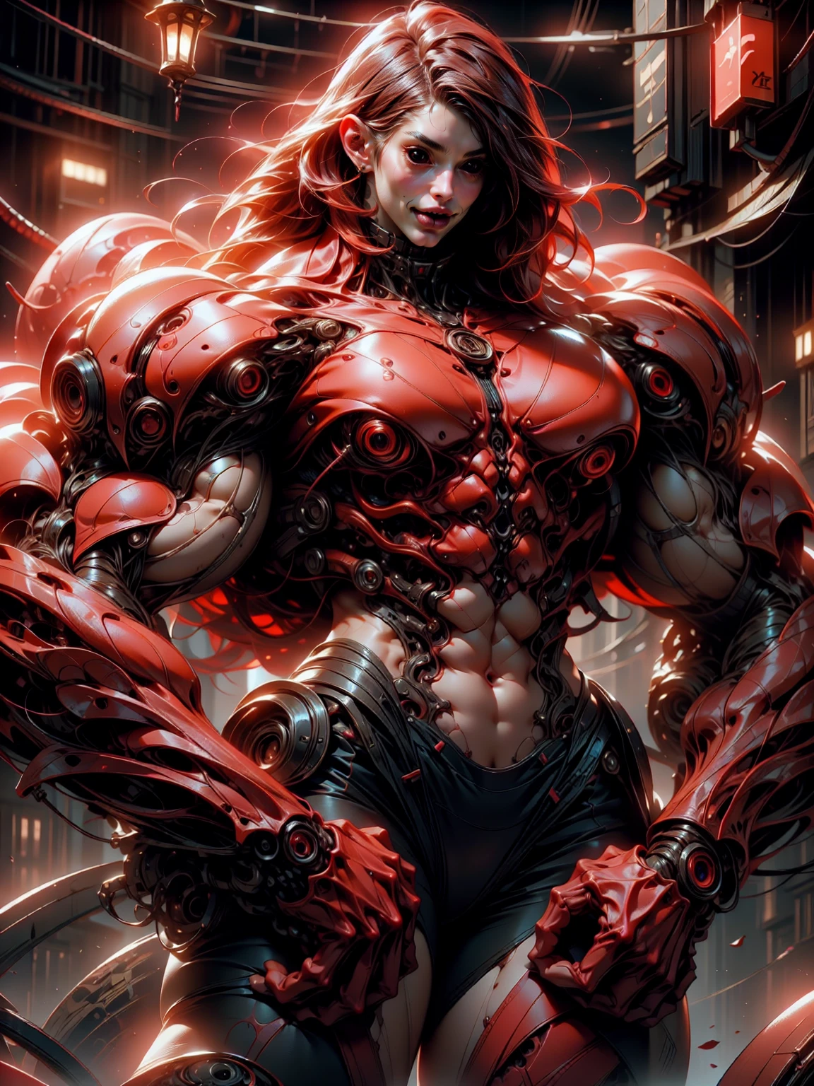 (1 girl), (megan fox), young girl, carnage muscular physique, seductive face, mouth wide open carnage style, long red hair, perfect muscular body, super skinny legs, cybernetic muscle suit, sissy, femboy, (carnage style physique),Fixhand, E-Girls_Mansion_Yang, kkw-colorc-neg, kkw-ph1