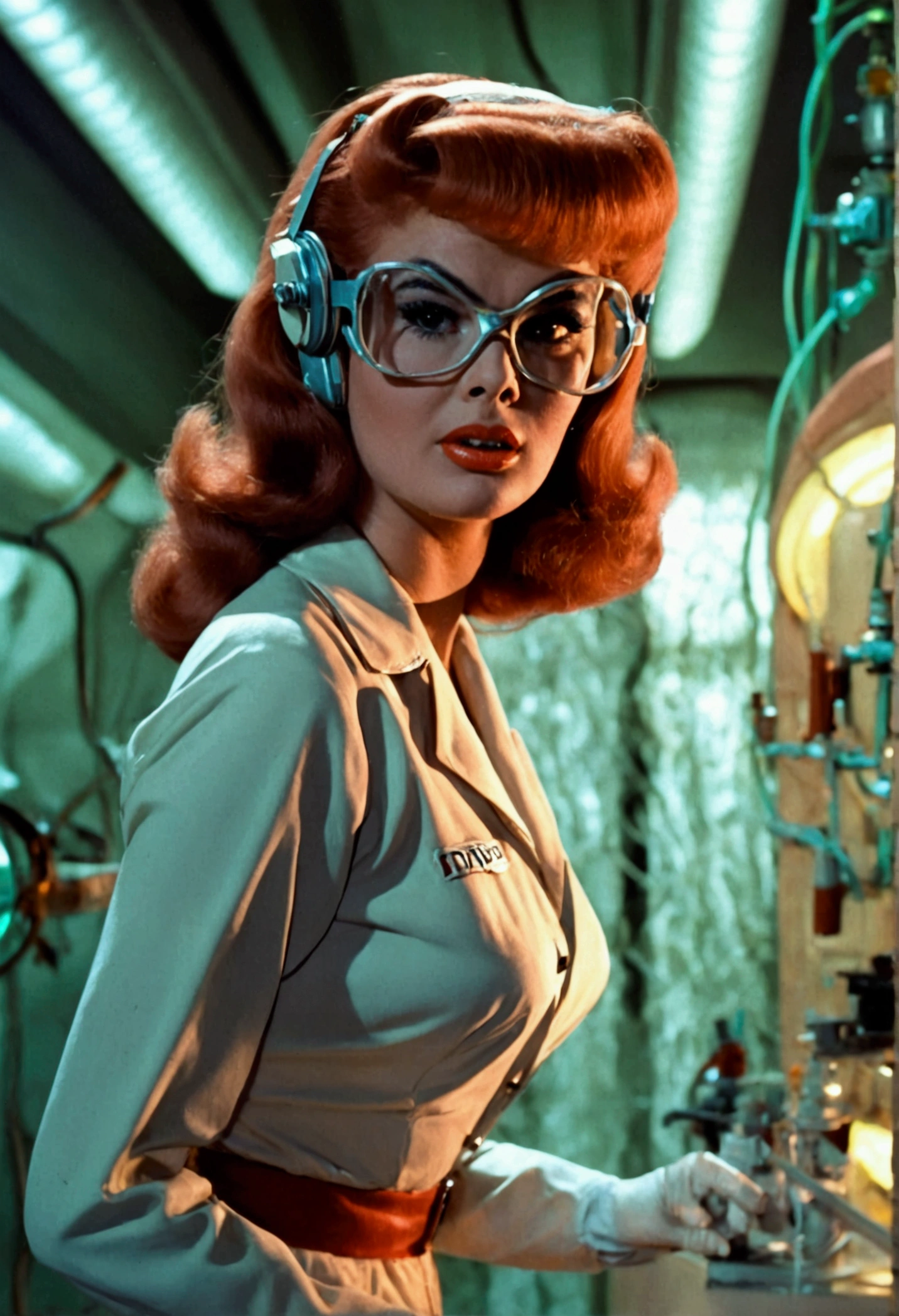 jayne mansfield (age 25, young and vibrant, sexy sci fi scientist), damsel in distress, recoiling from a terrible monster. science lab 1960s sci fi cinema. Show all of her, full body shown
