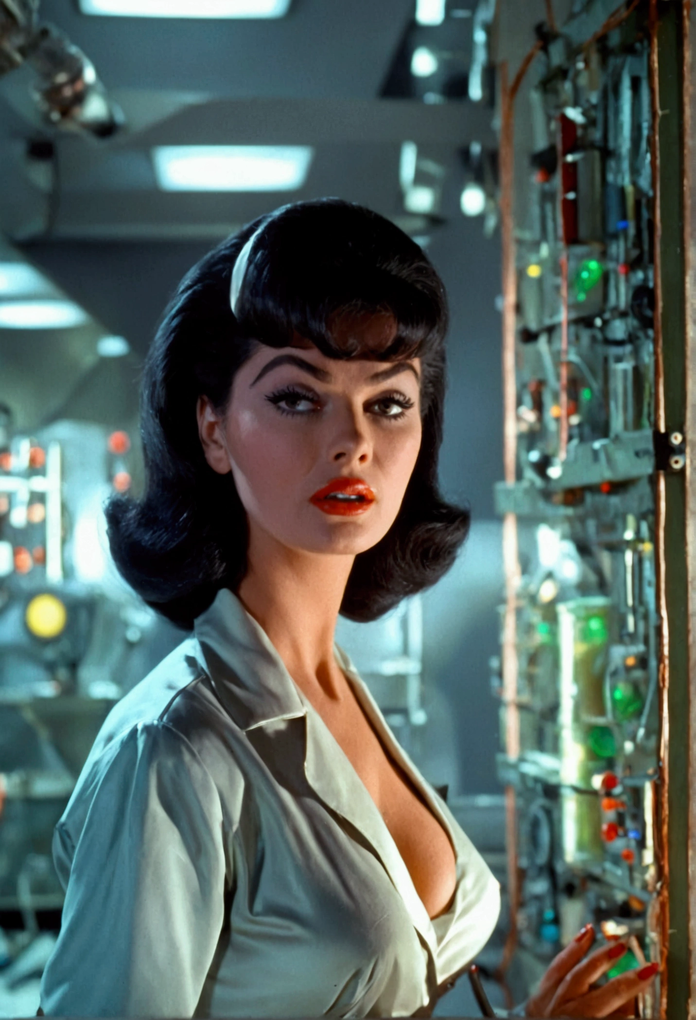 jayne mansfield (age 25, young and vibrant, sexy sci fi scientist), damsel in distress, recoiling from a terrible monster. science lab 1960s sci fi cinema. Show all of her, full body shown
