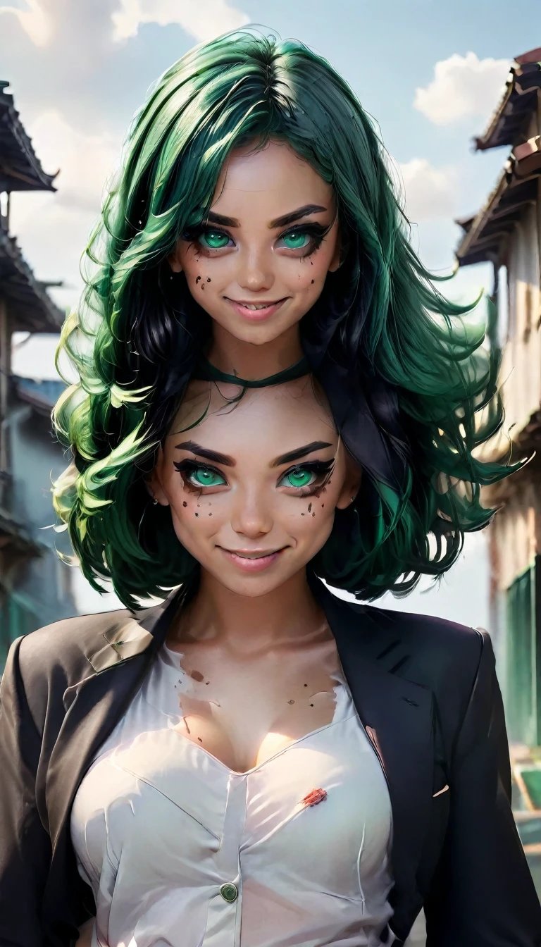anime style a demon woman with black and green hair with emerald green eye with scary smile holding a katana with destroyed city background