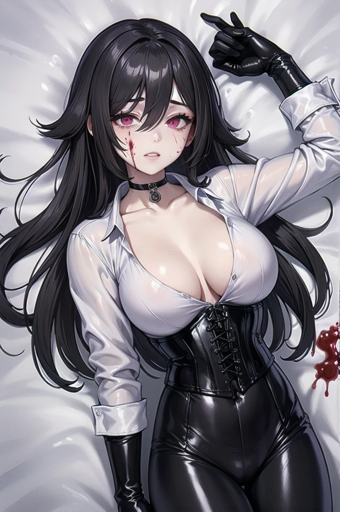 ((blood droplets)), ((blood)), ((blood splatter)), ((blood on clothes)), ((blood stain)), Masterpiece, Beautiful art, professional artist, 8k, tired expression, showing teeth slightly, very detailed face, Detailed clothing, detailed fabric, 1 girl, View from above, lying on the ground, BIG BREASTS, perfectly drawn body, , pale skin, tired expression, beautiful face, long black hair, 4k eyes, very detailed eyes, pink cheeks, choker:1.6, (white long sleeve button down shirt with white collar), black gloves, gloves that cover hands, (black leather corset), (shiny black leggings), Sensual Lips, show details in the eyes,  dark forest, Atmosphere, fog, At night