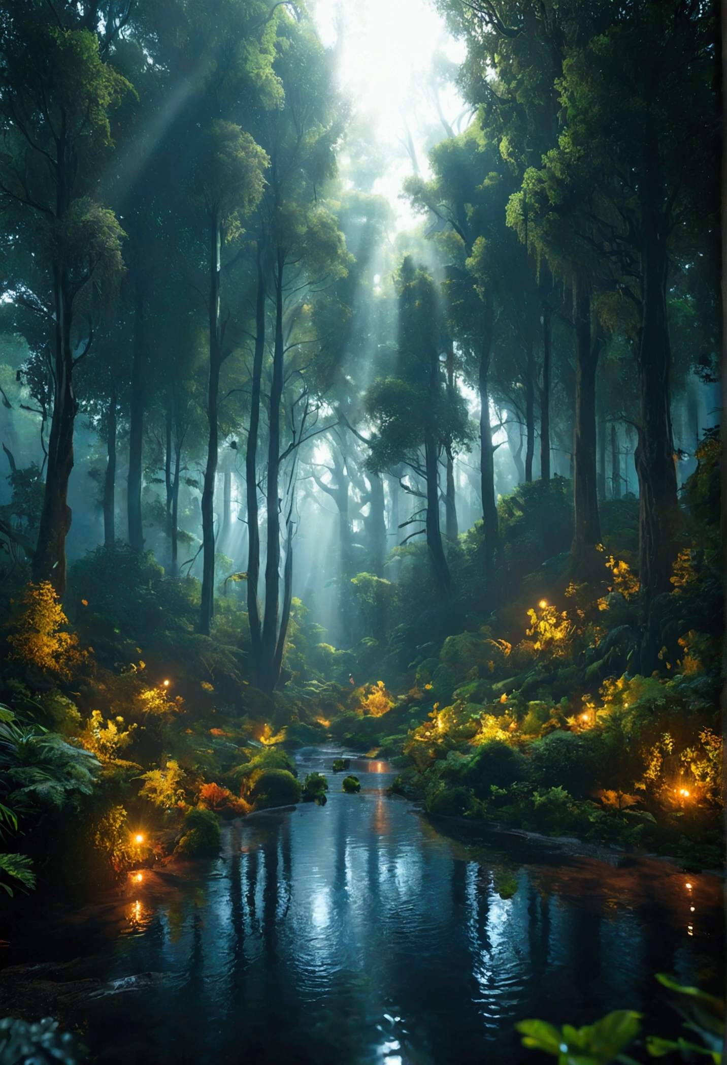 un bosque con arboles gigates, mucha vegetacion, neblina, luciernagas, lluvia, charcos de agua, ray tracing, god rays, glowing light, reflection light, Realism, Hyperrealism, Nikon, Canon, 16k, highres, best quality, award winning, high quality, super detail, high details, masterpiece