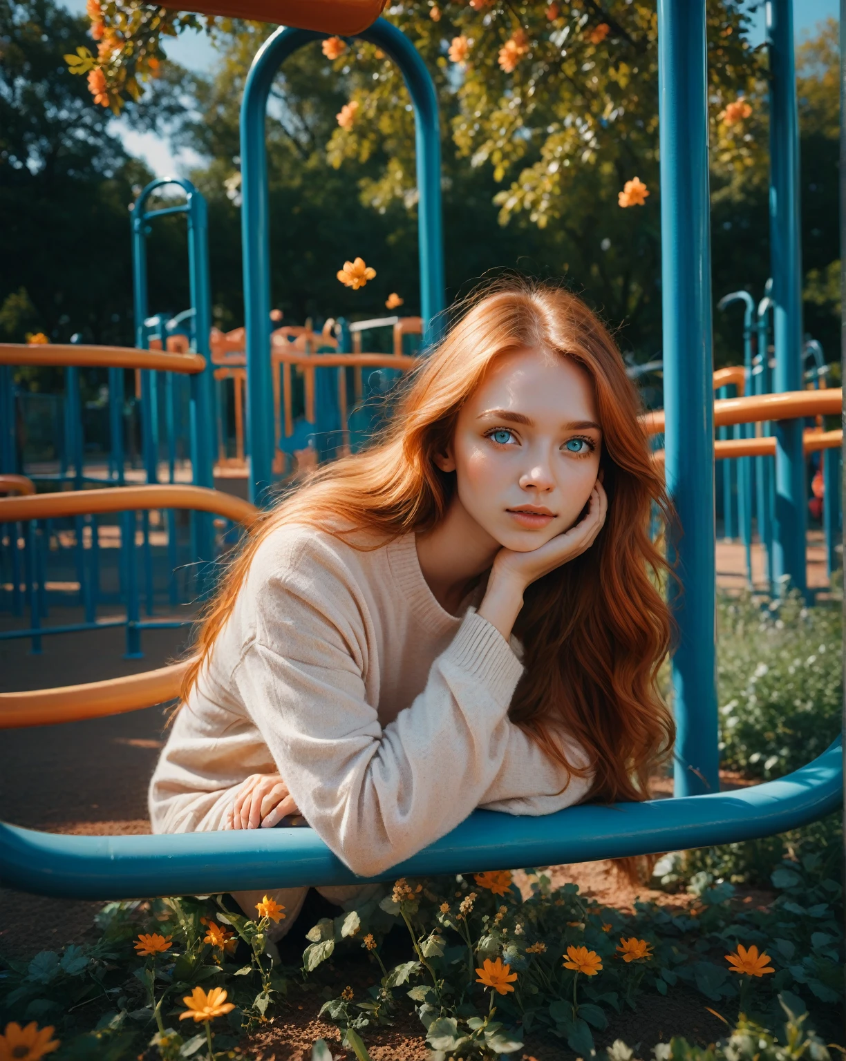 a woman with long orange brown hair sitting on a playground, detailed face, beautiful detailed eyes, beautiful detailed lips, extremely detailed eyes and face, longeyelashes, flower in her hair, (best quality,4k,8k,highres,masterpiece:1.2),ultra-detailed,ultra-fine painting,sharp focus,physically-based rendering,extreme detail description,professional,vivid colors,bokeh,in the style of petra collins,park,playground