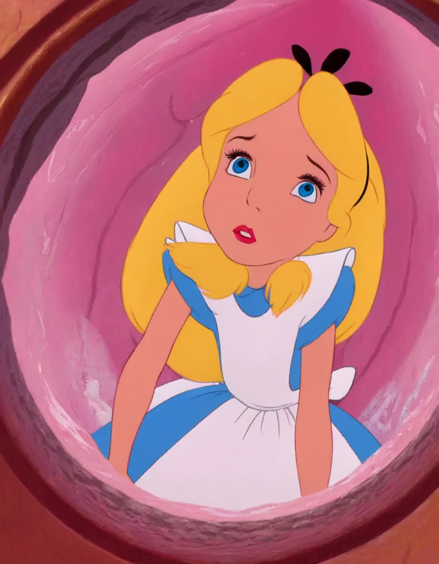 Brother,1 girl,Alone,long hair,blue eyes,blonde hair,dress,trapped in a honey pot,Alice (Alice in wonderland),Disney cartoon,masterpiece,best quality,(intricate details),highly detailed eyes,unique pose,dynamic pose,exaggerated angles and proportions ,