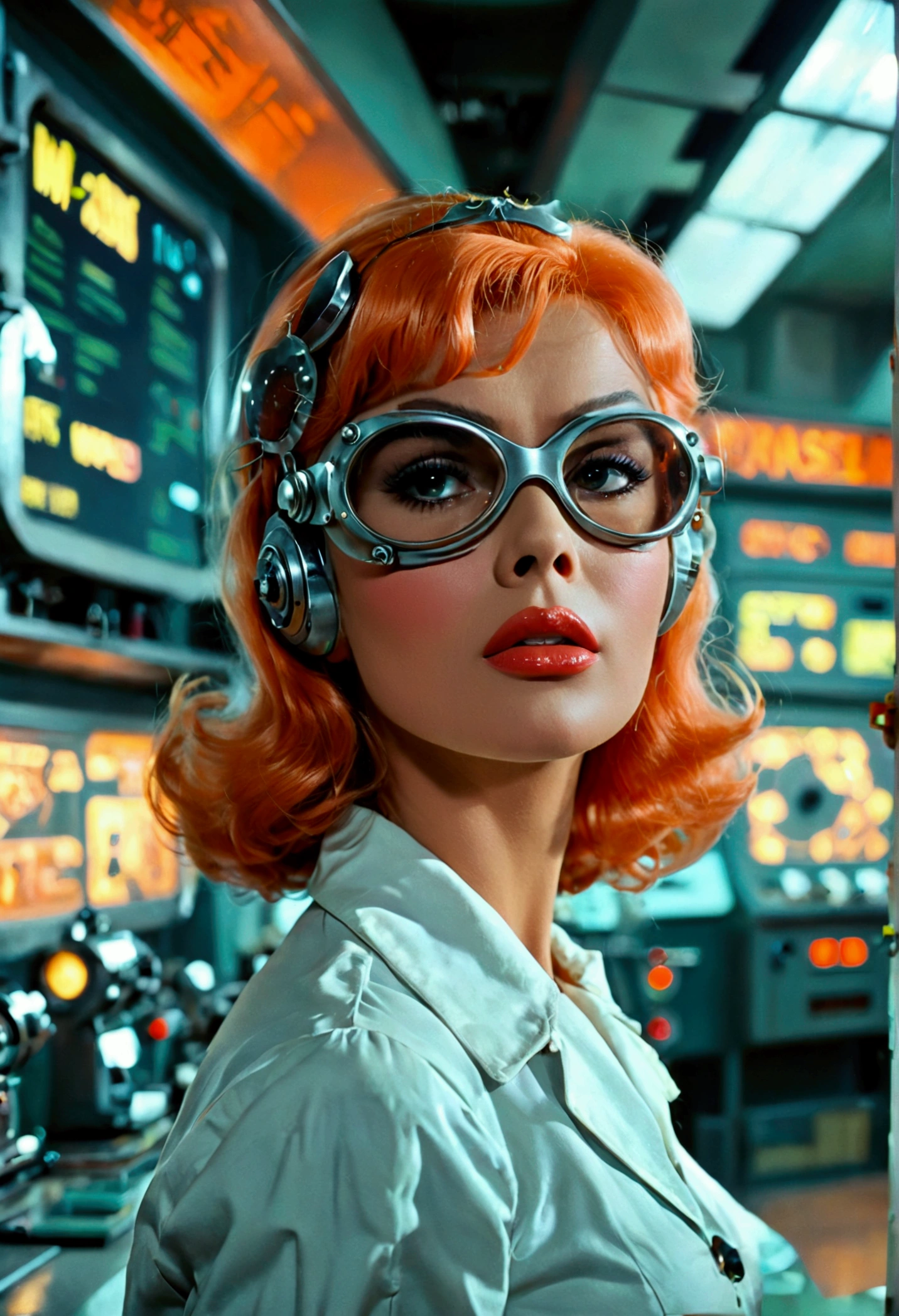 jayne mansfield (age 25, young and vibrant, sexy sci fi scientist), damsel in distress, recoiling from a terrible monster. science lab 1960s sci fi cinema. Show all of her, full body shown