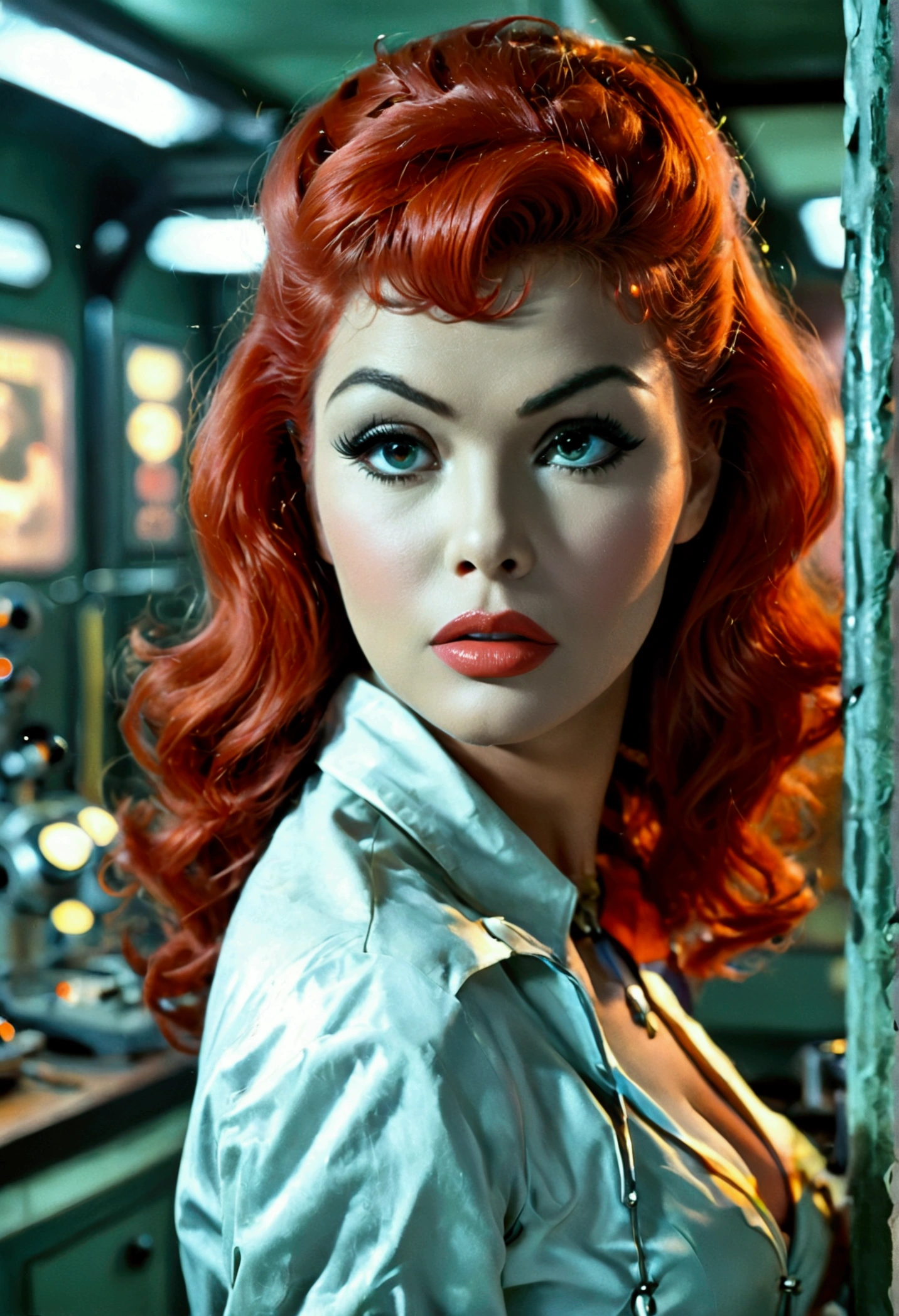 jayne mansfield (age 25, young and vibrant,  sci fi scientist), damsel in distress, recoiling from a terrible monster. science lab 1960s sci fi cinema. Show all of her, full body shown
