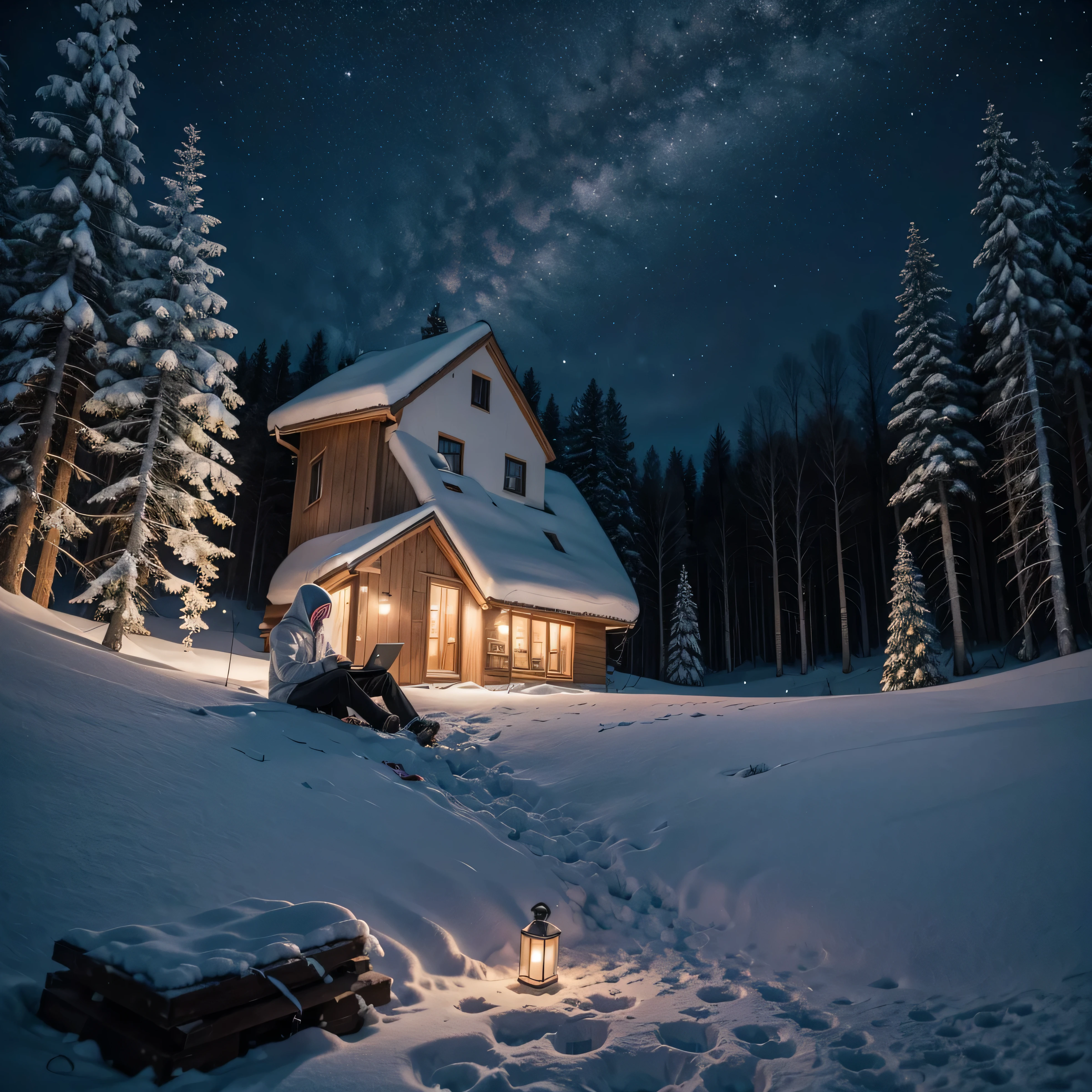 a starry night with lots of snow and trees with house lights and a programmer programming on a computer dressed in a white hoodie and a cup of coffee with the name &#39;ARIEL&#39;