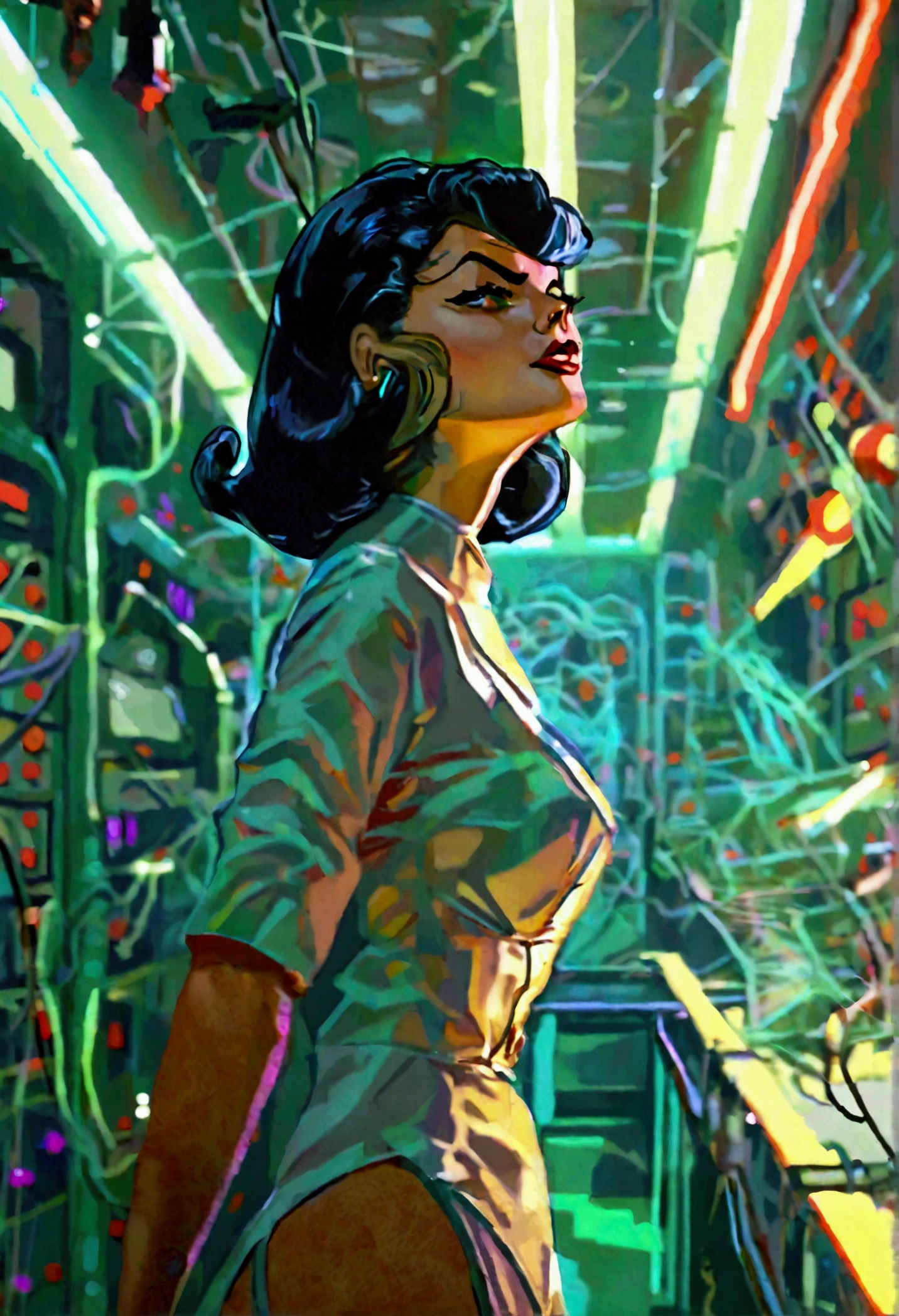 jayne mansfield (age 25, young and vibrant, sexy sci fi scientist), damsel in distress, recoiling from a terrible monster. science lab 1960s sci fi cinema. Show all of her, full body shown
