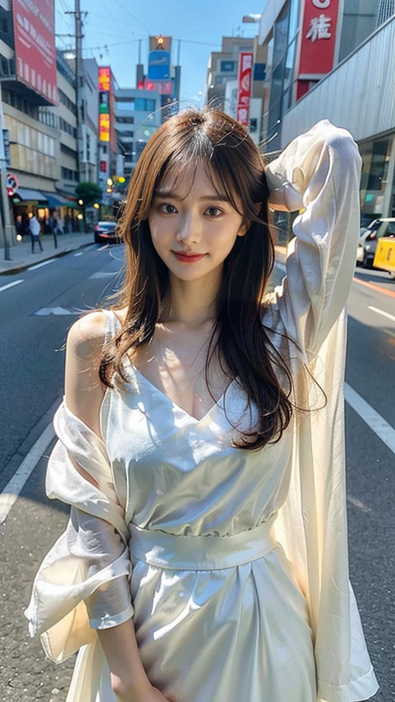 (8K、Raw photo、Highest quality、masterpiece:1.2)、(Realistic、Realistic:1.37)、Ultra-high resolution、One Girl、cute、alone, Browsing Caution,Highest quality,masterpiece,8K,Droopy eyes,Big Breasts,Beautiful breasts, White Dress, Tokyo cityscape, smile, Highly detailed face, Highly detailed lips, double eyelid, Exquisite detail and subtle sparkle, Photograph her in poses that reflect both grace and confidence, Enhance visual effects with cinema lighting. Use modern 2D designs for your backgrounds, Create beautifully, Balanced composition. Enhance the scene with elements such as depth of field, bloom effect, And a touch of sparkle, Adds a dreamy texture to the entire image. Pay close attention to detail