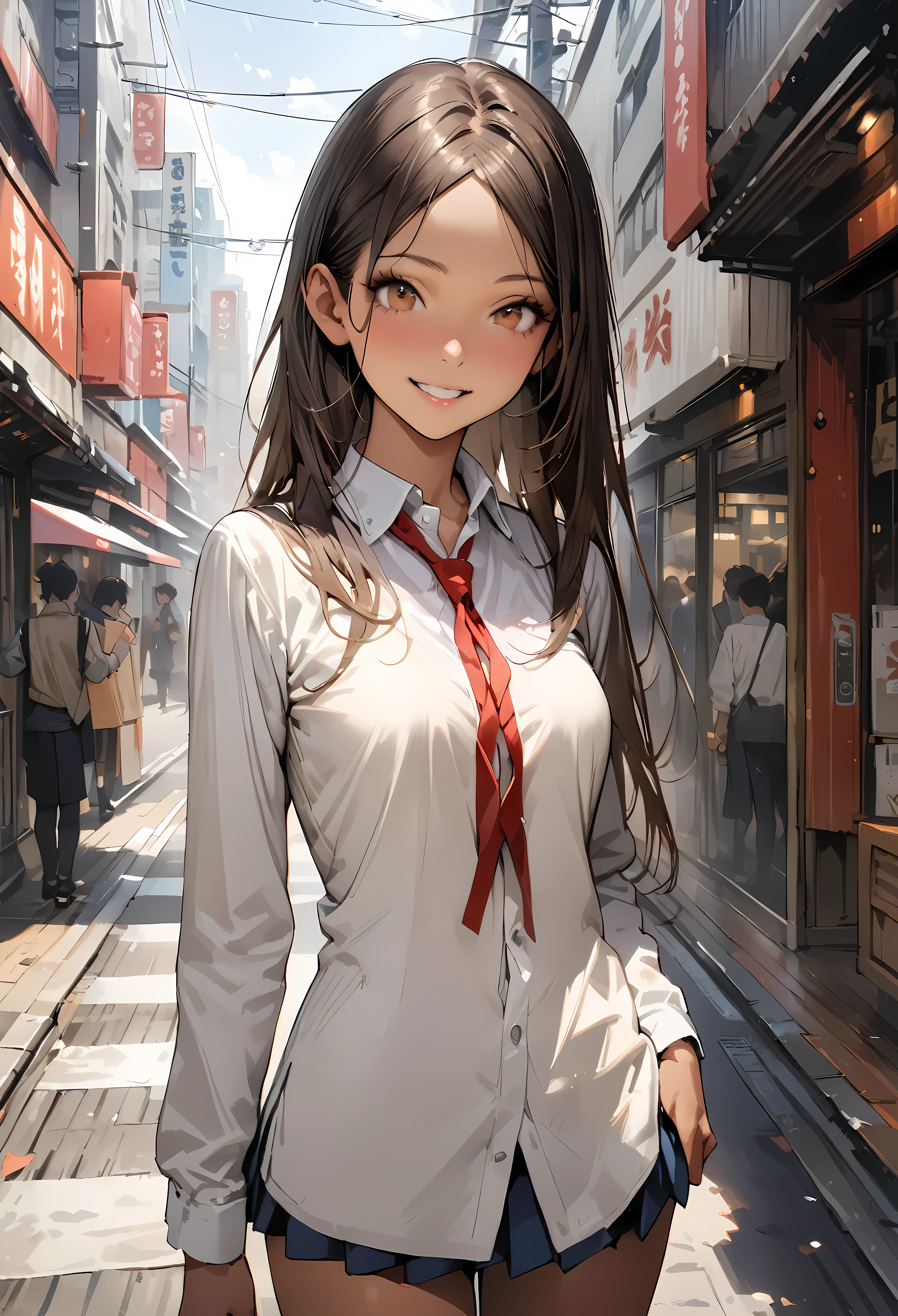((masterpiece,Highest quality:1.3,best quality illustration,realistic:1.4)),cowboy shot,solo,1woman,(18-year-old、Japanese Beauty)、brown hair,long hair,(center parted bangs),brown eyes,gorgeous eyes,((very small head:1.3)),smile,,((very long body:1.2,skinny)),medium breasts,(tan skin:1.3),(School student uniform、Red ribbon tie、White collared shirt、Long sleeve navy blue pleated mini skirt),gleaming skin,toned body,slender body,on street,Shibuya Station、