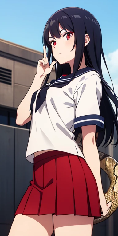 Female student, navy blue sailor In the red eyes of a snake Long black hair with red highlights, two fingers raised, short skirt, high school backdrop.