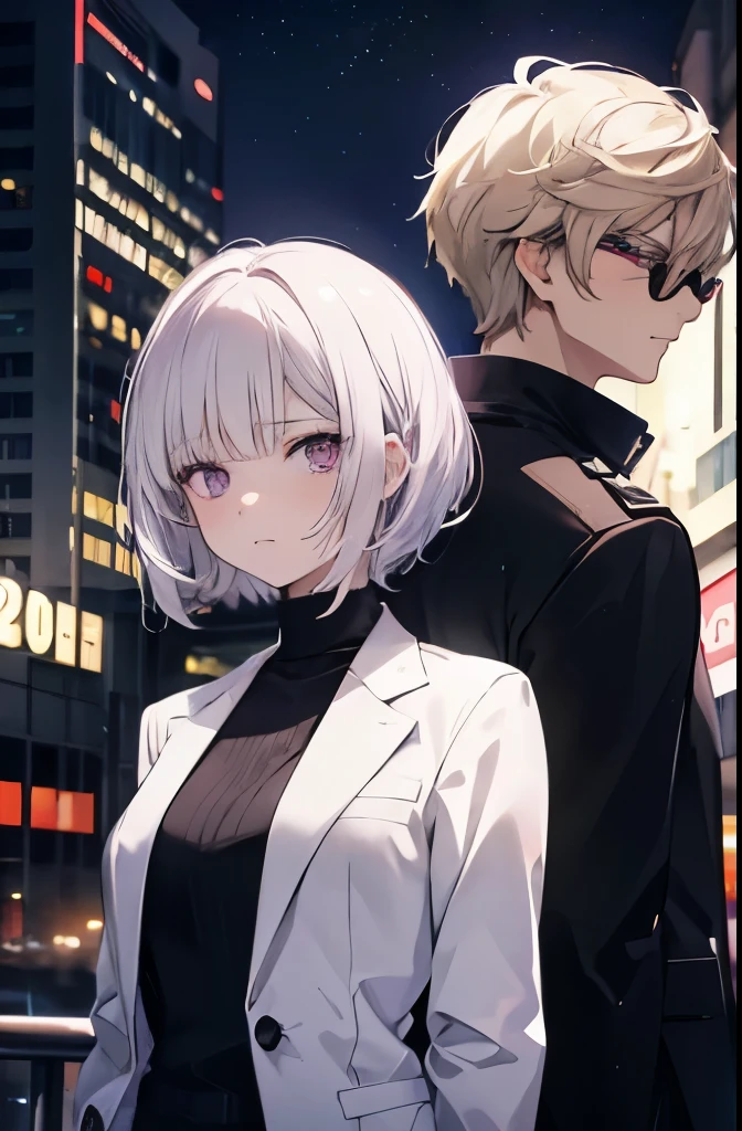 Create an illustration of a man and a woman standing back to back,anime,Transparency,woman(20th Generation,White wavy short hair,Purple Eye,Tired face, white high neck knit), male（20th Generation,Light brown short hair,Slicked back hair,Brown lens sunglasses,White grey suit,Mouse color,Light gray,Red Eye,Bad look in the eyes,Bad mood,Sharp Eye）,Night City,realism,anime,