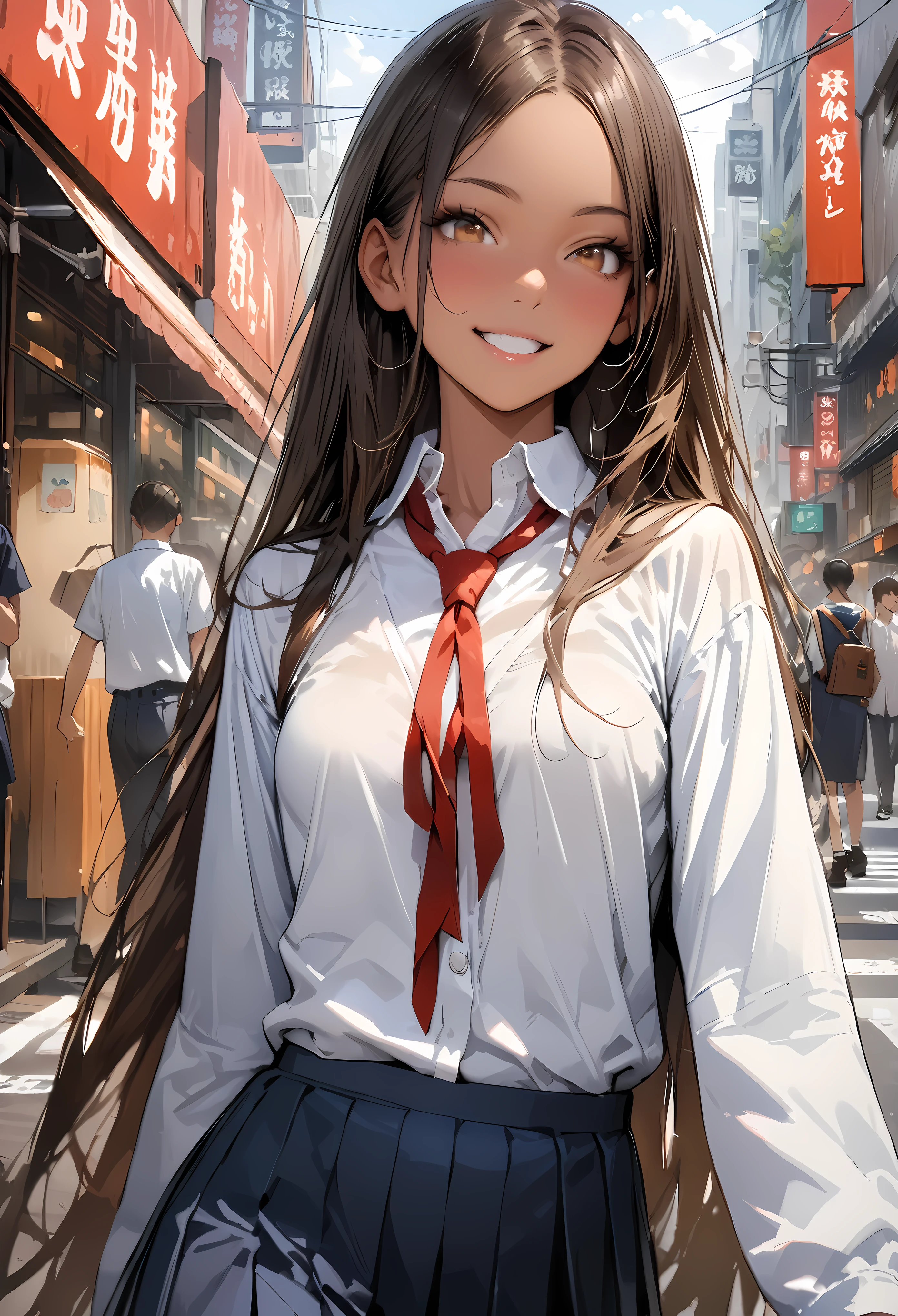 ((masterpiece,Highest quality:1.3,best quality illustration,realistic:1.4)),cowboy shot,solo,1woman,(20-year-old、Japanese Beauty)、brown hair,long hair,(center parted bangs),brown eyes,gorgeous eyes,((very small head:1.3)),smile,,((very long body:1.2,skinny)),medium breasts,(tan skin:1.5),(School student uniform、Red ribbon tie、White collared shirt、Long sleeve navy blue pleated mini skirt),gleaming skin,toned body,slender body,on street,Shibuya Station、