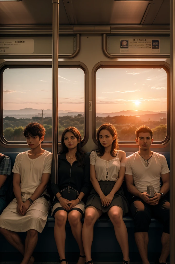 4 friends in the train at sunset