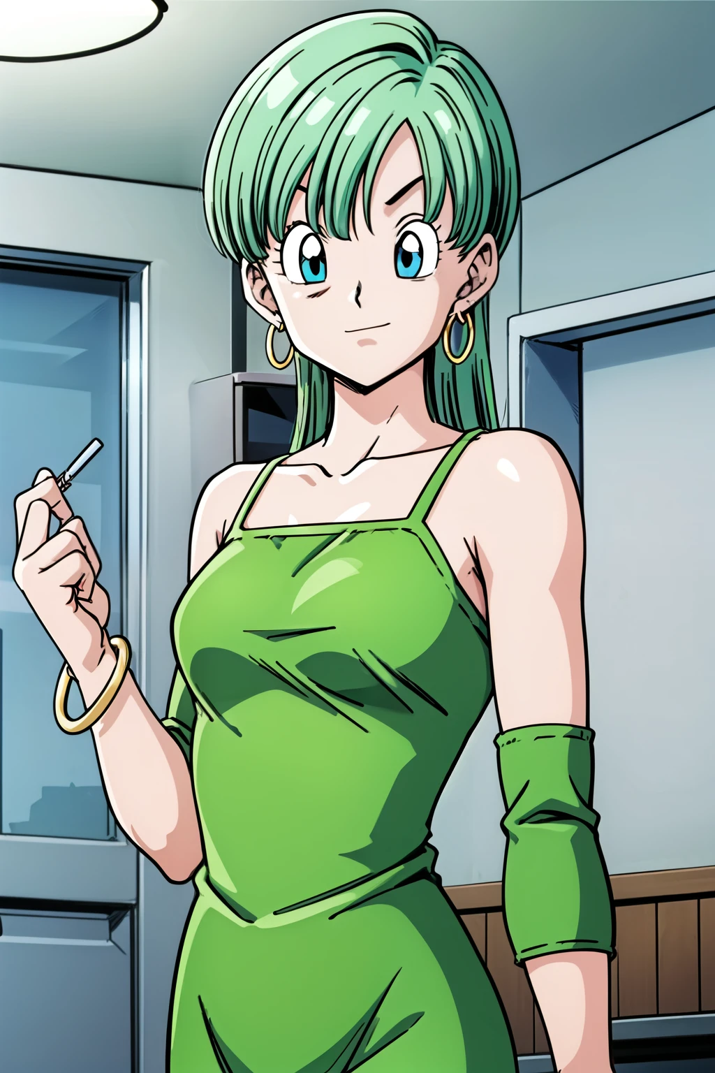 buu saga, bulma, 1girl, solo, looking at viewer, bowl cut, very short hair, blue eyes, holding, jewelry, upper body, earrings, green hair, sleeveless, indoors, bracelet,  smoke, watch, cigarette, hoop earrings, green dress, smoking, wristwatch, lighting cigarette, 
