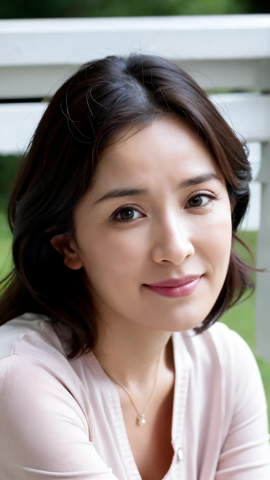 最high quality, In 8K, Masseter region, Genuine, Sharp focus, high quality, High resolution, Detailed face, fine grain, Thick lips, Background Blur, alone, Middle-aged women, , 65 years old, , Wavy Hair, Cleavage, Wearing a plain short-sleeved knit, sitting on a park bench, Wrinkles around the eyes, Smiling with teeth showing