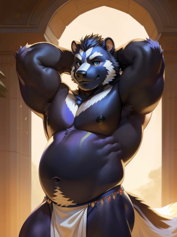 Masterpiece, official art, furry, male, anthropomorphic gray wolf, (love handles), delicate face, delicate eyes, azure eyes, massive thighassive pecs))), (((bulging pecs))), (((huge sagging pecan ))), (((bulging massive pecs))), (((fat pecassive nipples, huge bulge, kerosene lamp, bulging loincloth, red vertical on forehead, spear in hand: 1.2, depth of field, perfect lighting, light particles, (best quality), (masterpiece), (hyperdetail), sharp focus, light particles