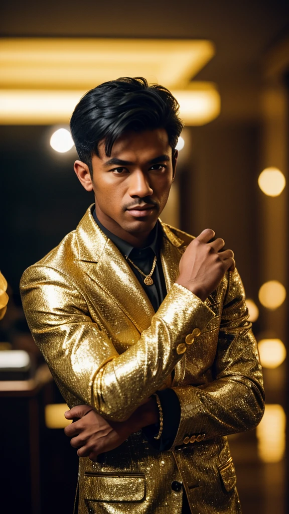 lack men with 'Gucci gold diamonds , 4:3, photo 12k resolution hash flash lighting, shot on ALEXA 65, Velvia 100 , underexposed, Voigtlnder Nokton 50mm f1.1, in the style of Martin Nikon Z 8 with Zoom Lens | with 24-120mm
Motion