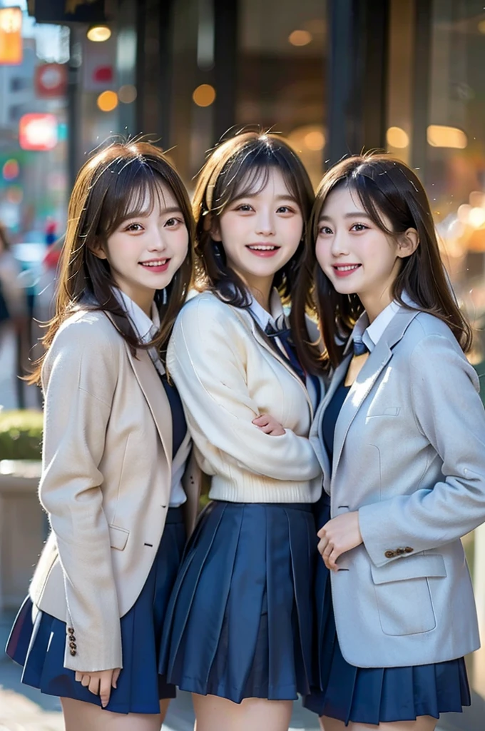 Three Beauties,3 girls, mini skirt,winter blazer uniform, smile, big laugh