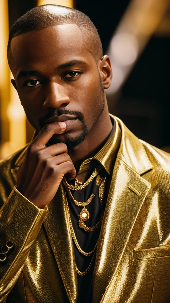 men with 'Gucci gold diamonds , 4:3, photo 12k resolution hash flash lighting, shot on ALEXA 65, Velvia 100 , underexposed, Voigtlnder Nokton 50mm f1.1, in the style of Martin Nikon Z 8 with Zoom Lens | with 24-120mm
Motion