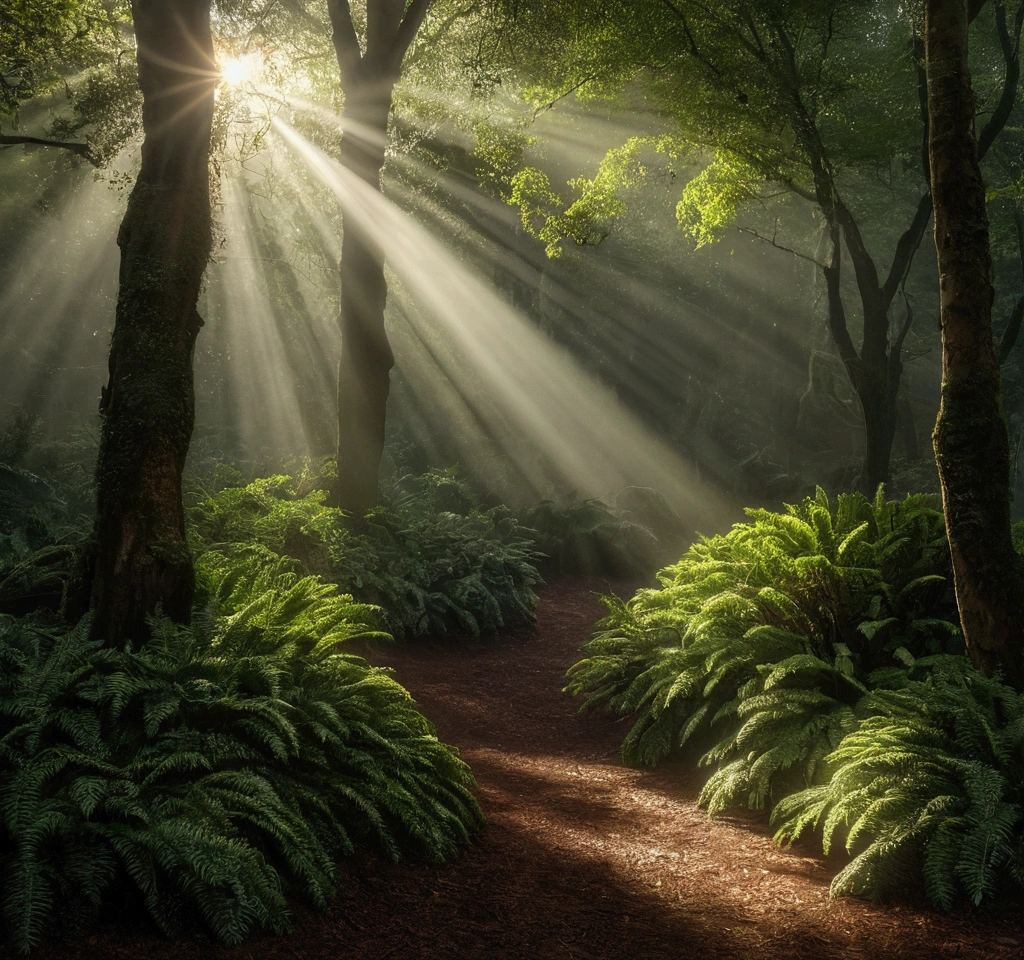 un bosque con arboles gigates, mucha vegetacion, neblina, luciernagas, lluvia, charcos de agua, ray tracing, god rays, glowing light, reflection light, Realism, Hyperrealism, Nikon, Canon, 16k, highres, best quality, award winning, high quality, super detail, high details, masterpiece
