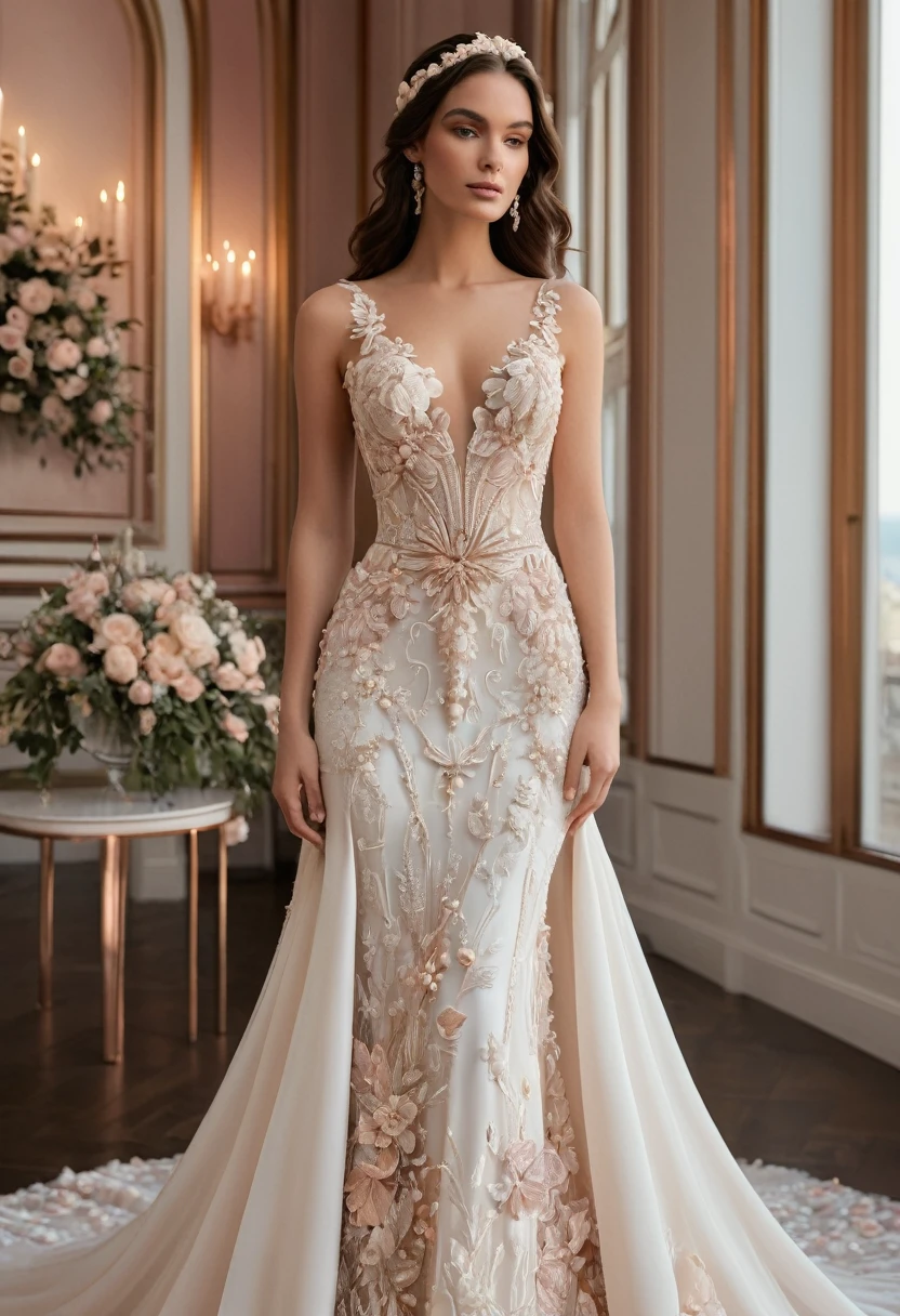 full-length ,wedding dress with plenty of details like 3D flowers, pearl beads, and fine lace. Using soft colors like ivory and rose gold