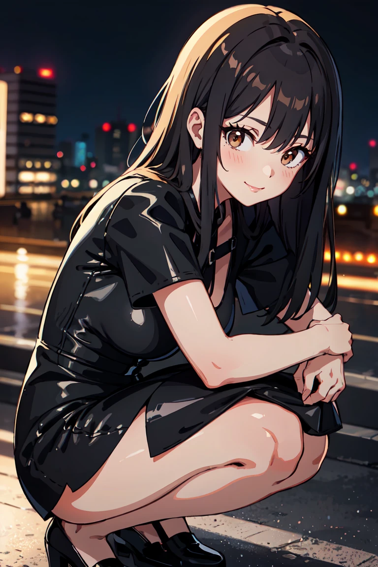 masterpiece, best quality, highly detailed background, perfect lighting, best quality, (extremely detailed face), volumetric lighting, intricate details, shadow, tonemapping, sharp focus, hyper detailed, trending on Artstation, (solo) ((Looking at the viewer)), ((city night background)) .Girl with long black  hair. Brown eyes. curvy. Blush, Clear skin.  Big bust. Smile. ((leather dress)) ((squatting)) dynamic angle 