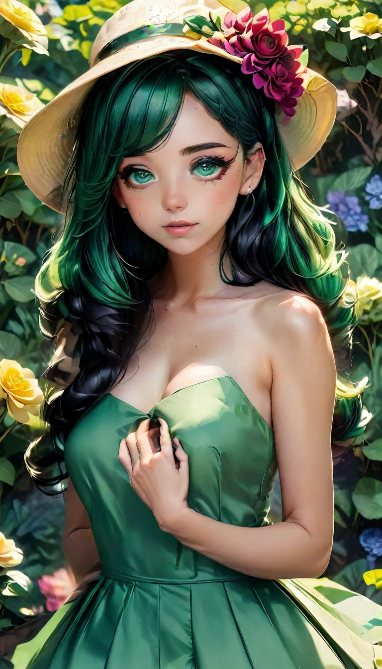 Anime style a woman with black and green hair with green eye in a flower garden with a dress and a hat holding a flower